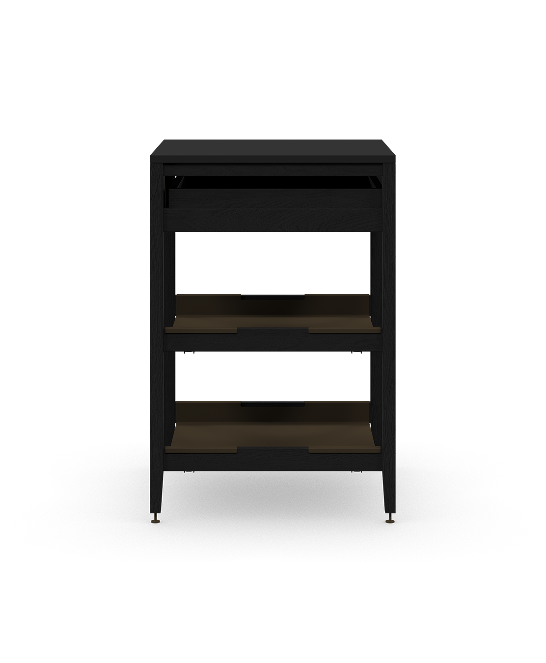 Cabinet de cuisine autoportant en chêne teint noir, avec tiroir et tablettes en métal bronze, sur pieds en métal bronze.