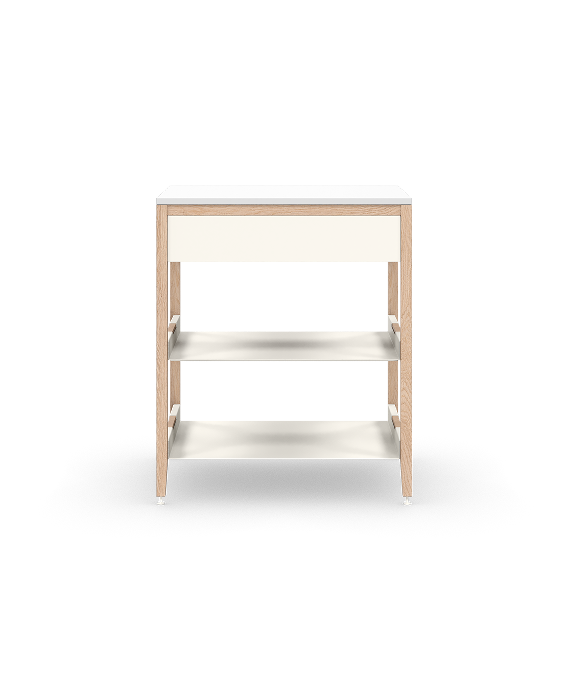 Cabinet de cuisine autoportant en chêne naturel, avec tiroir et tablettes en métal blanc, sur pieds en métal blanc.