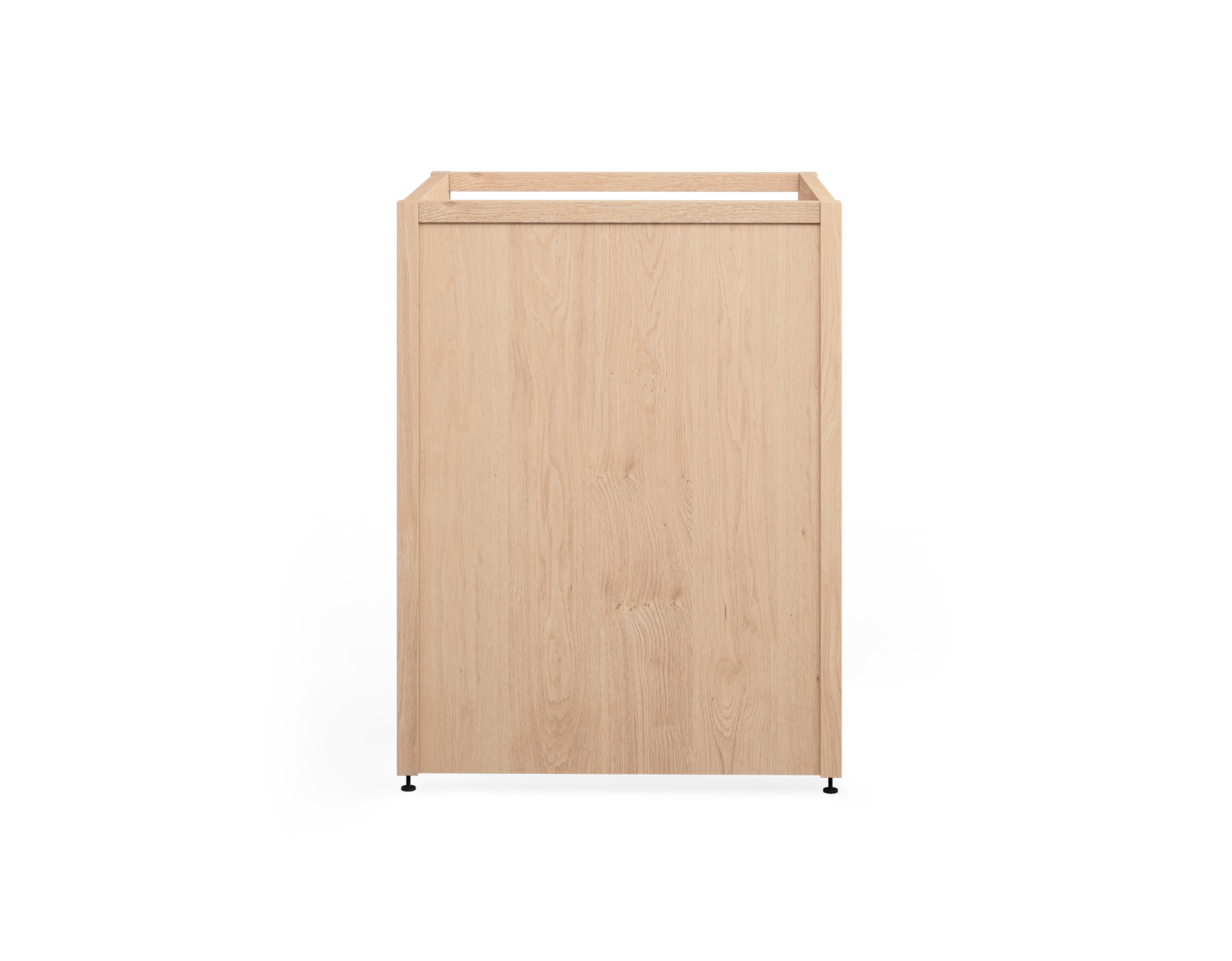 Une armoire en chêne naturel avec des pattes en métal noir, avec des côtés et d'un fond pleins, conçue pour encastrer un électroménager de 24 pouces.
