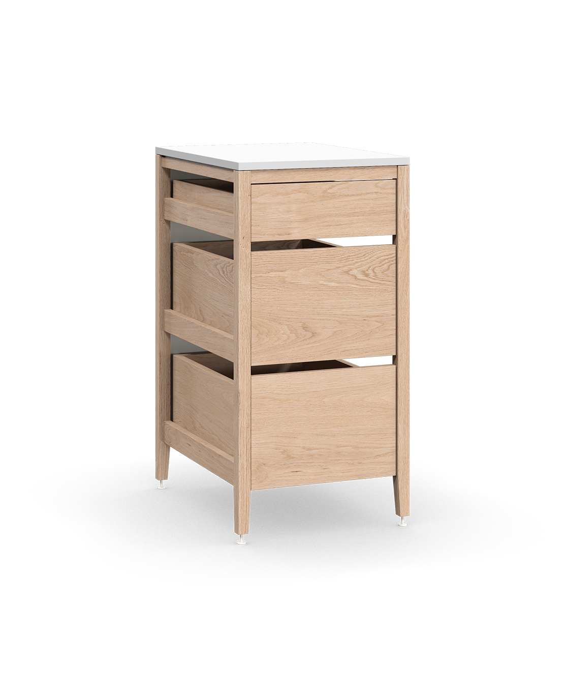 Cabinet de cuisine autoportant en chêne naturel, avec trois tiroirs en bois et des pieds en métal blanc.