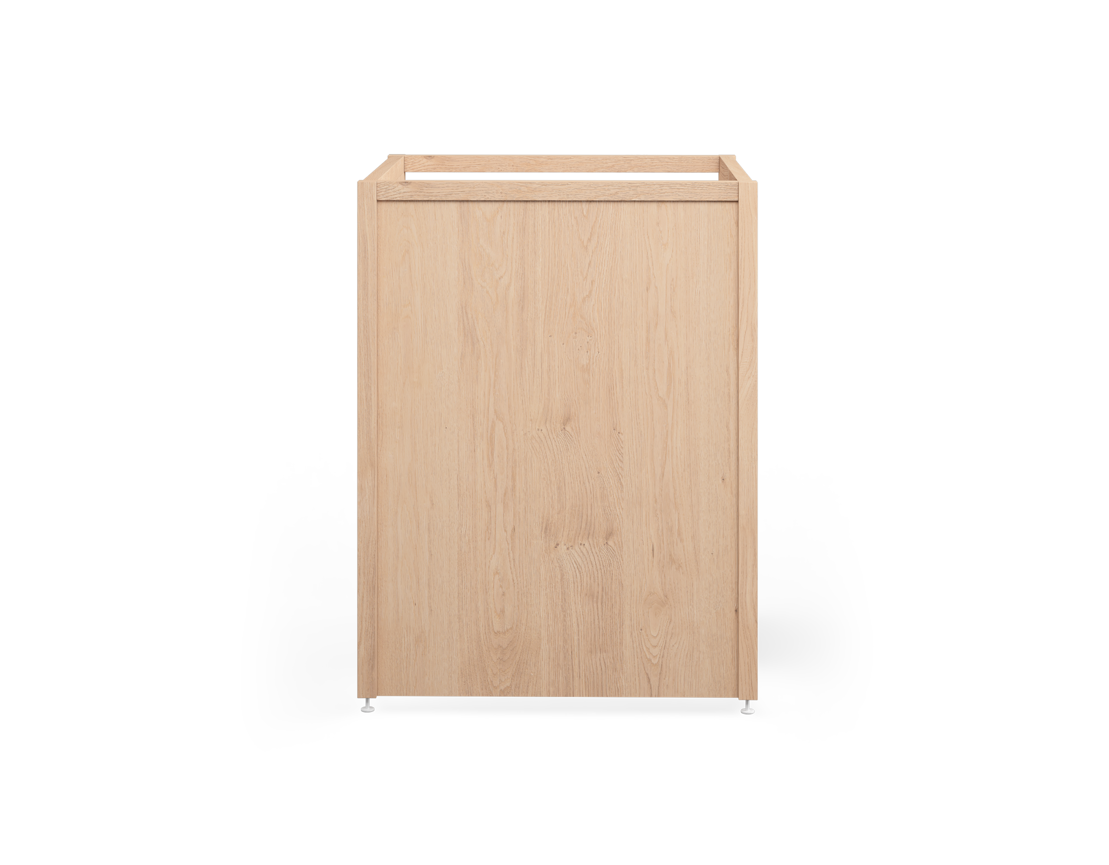 Une armoire en chêne naturel avec des pattes en métal blanc, avec des côtés et d'un fond pleins, conçue pour encastrer un électroménager de 24 pouces.
