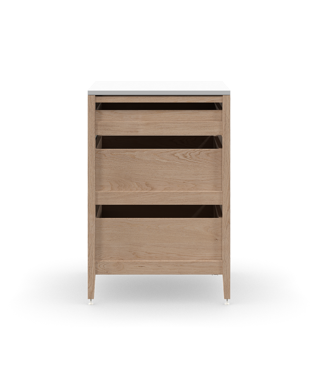 Cabinet de cuisine autoportant en chêne naturel, avec trois tiroirs en bois et des pieds en métal blanc.