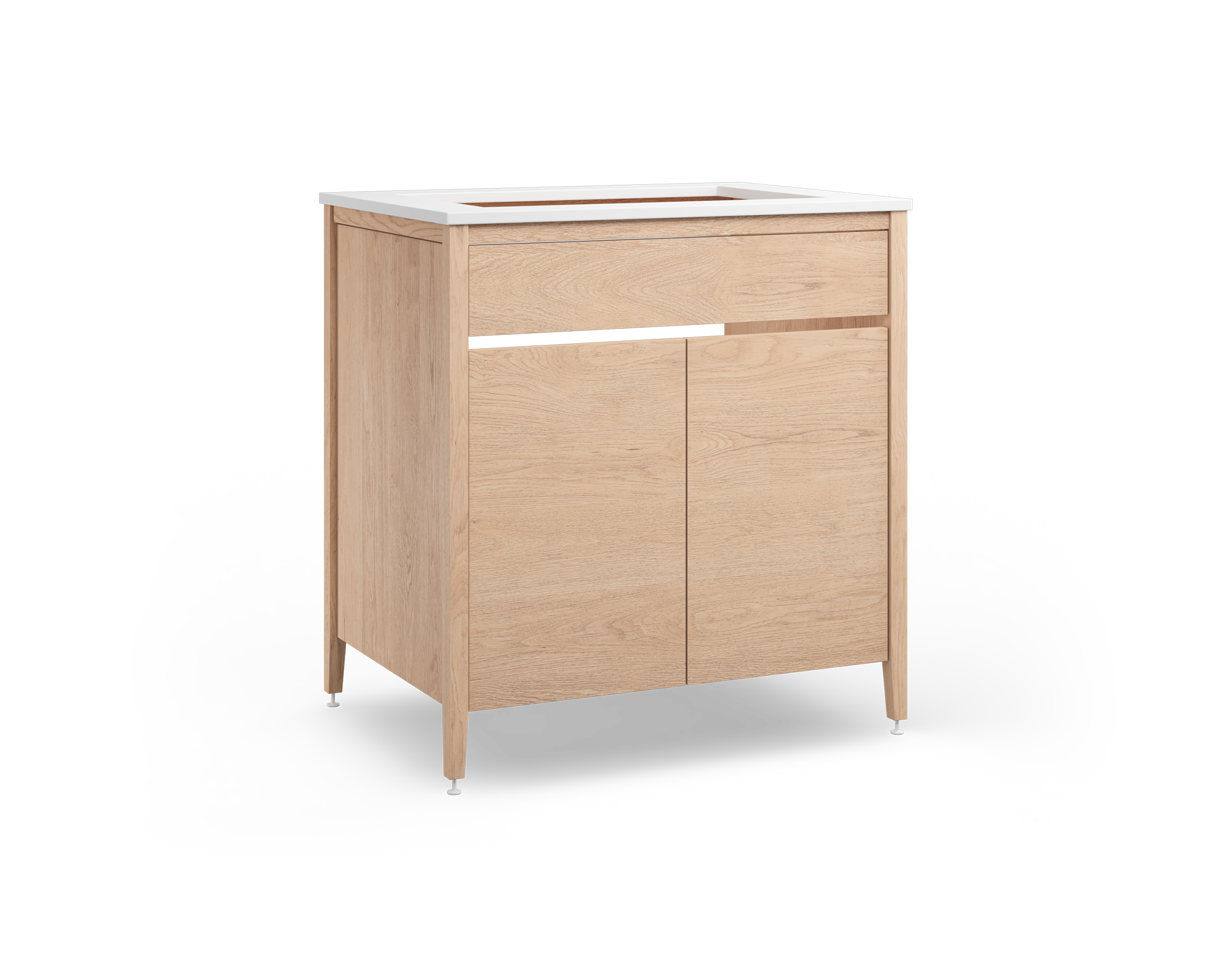 Cabinet de cuisine modulaire en chêne naturel, avec une façade fixe, deux portes et une demi tablette + tablette complètes. Conçu pour un évier sous comptoir avec des pattes en métal blanc.