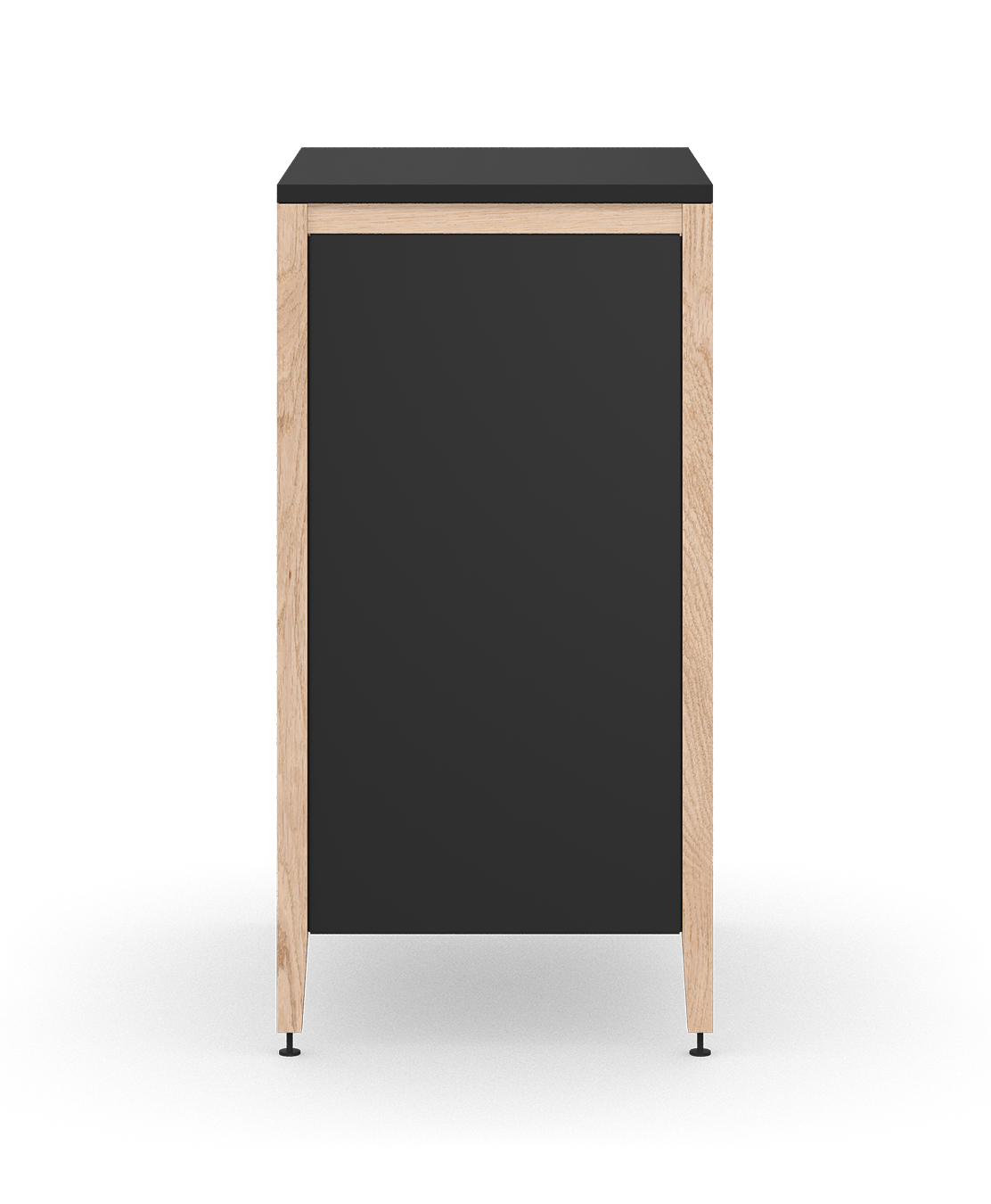 Cabinet poubelle autoportant à deux tiroirs, fait en chêne naturel et pattes en métal noir, avec des bacs de déchets intégrés dans le premier tiroir.