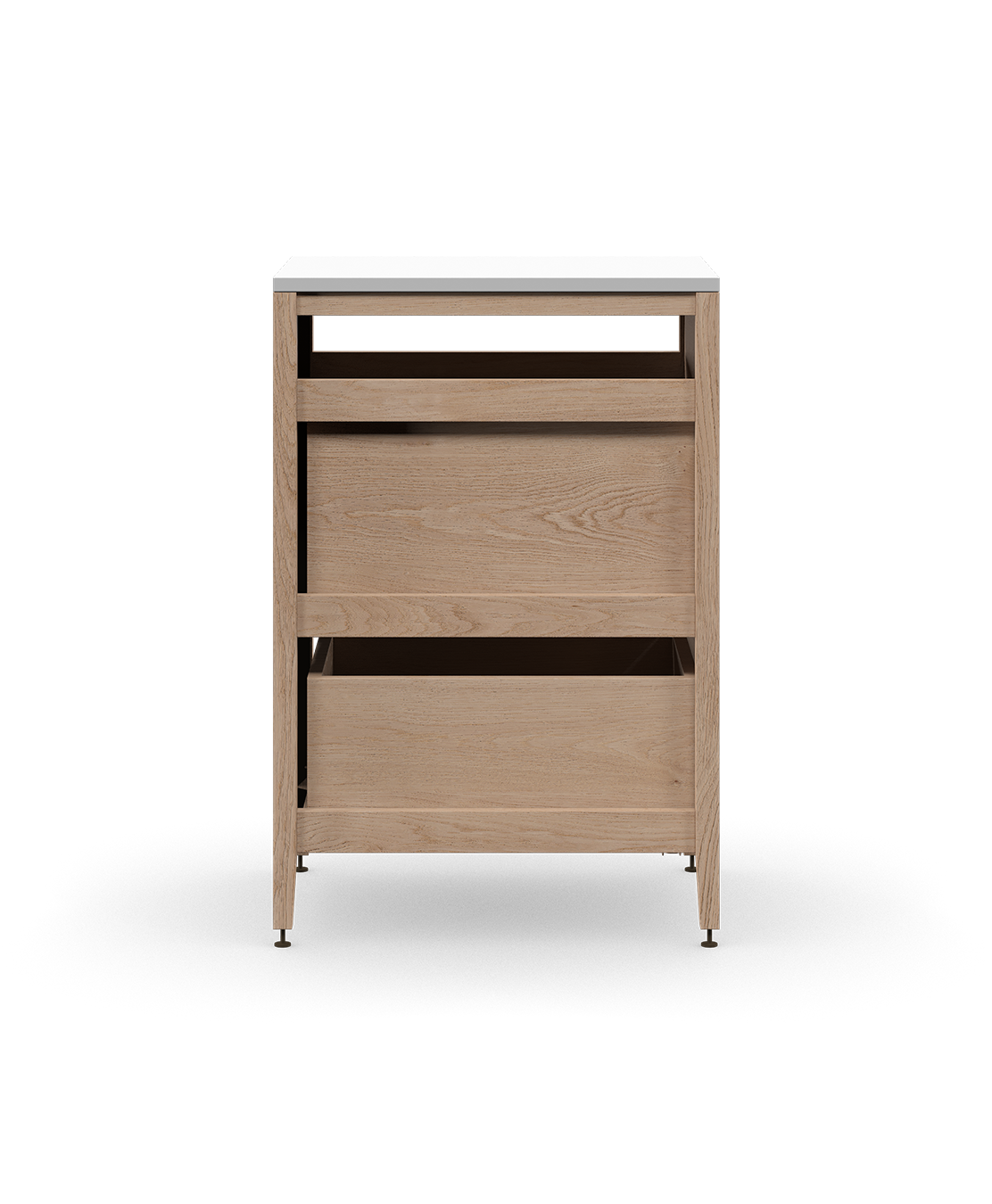 Cabinet poubelle autoportant à deux tiroirs, fait en chêne naturel et pattes en métal bronze, avec des bacs de déchets intégrés dans le premier tiroir.