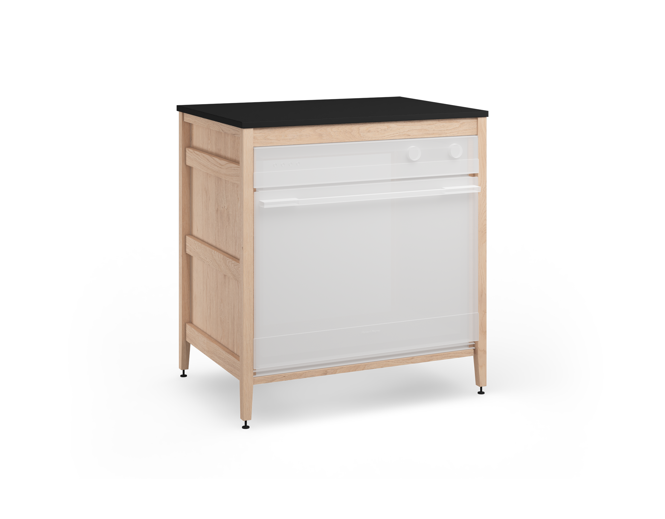 Cabinet de cuisine modulaire en chêne naturel, avec un espace pour four encastrable et des pattes en métal noir.