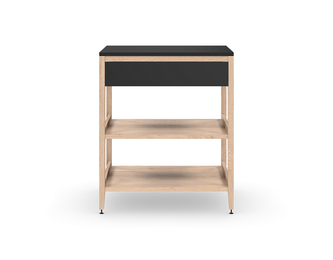 Armoire de cuisine modulaire en chêne naturel, avec un tiroir et deux tablettes en bois pleine largeur. Conçue pour le rangement ouvert, sur pattes en métal noir.