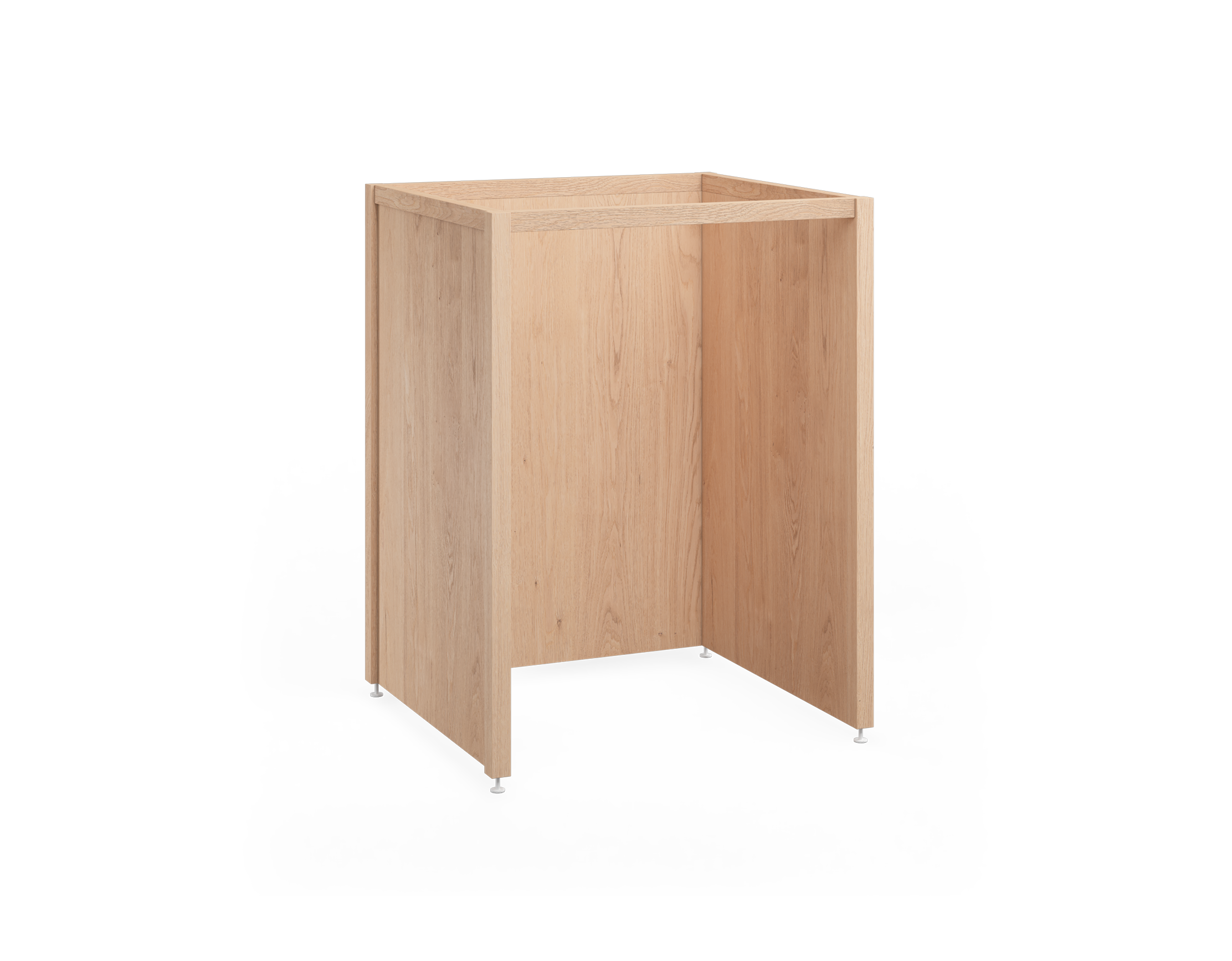 Une armoire en chêne naturel avec des pattes en métal blanc, avec des côtés et d'un fond pleins, conçue pour encastrer un électroménager de 24 pouces.