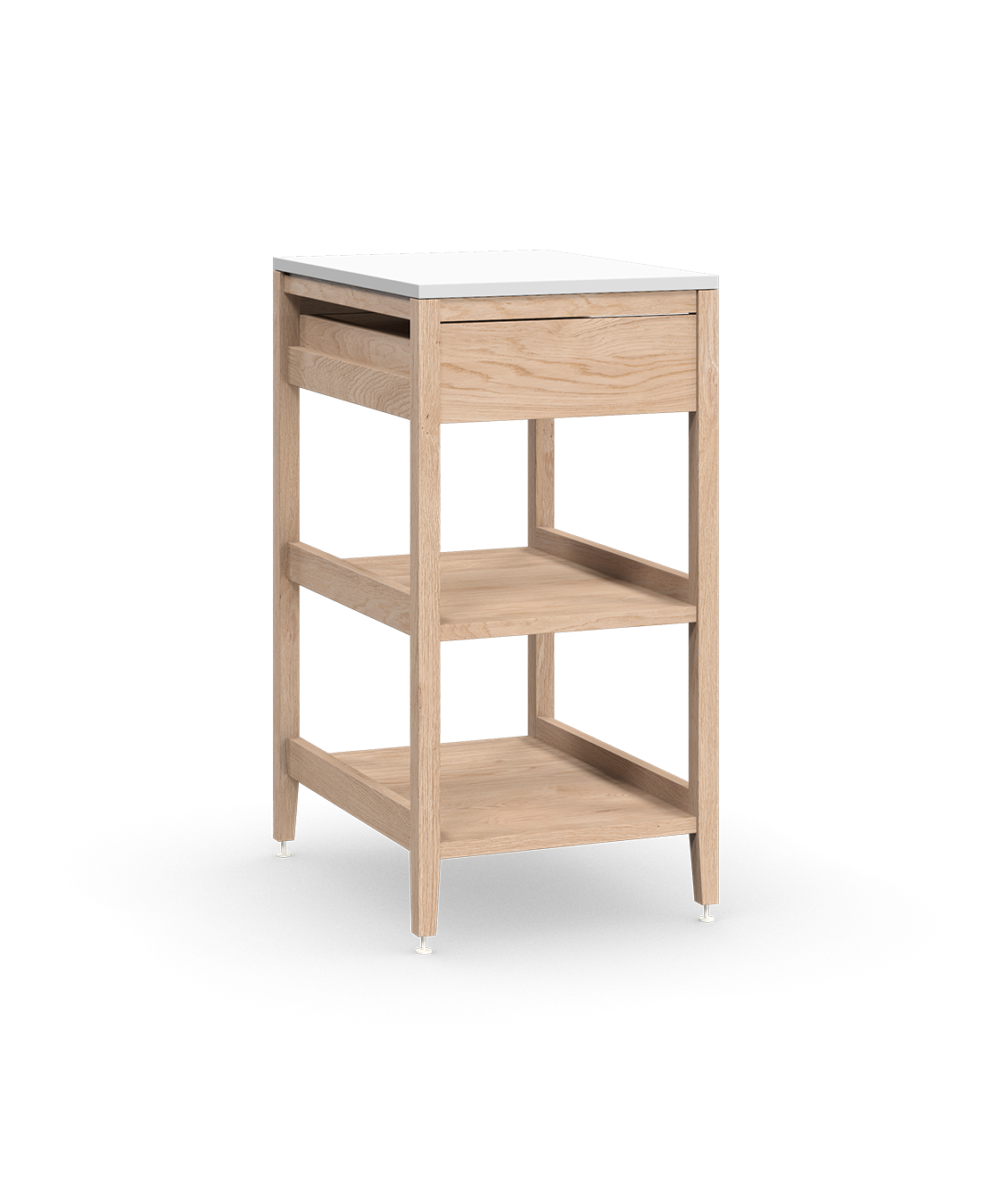 Armoire de cuisine modulaire en chêne naturel, avec un tiroir et deux tablettes en bois pleine largeur. Conçue pour le rangement ouvert, sur pattes en métal blanc.
