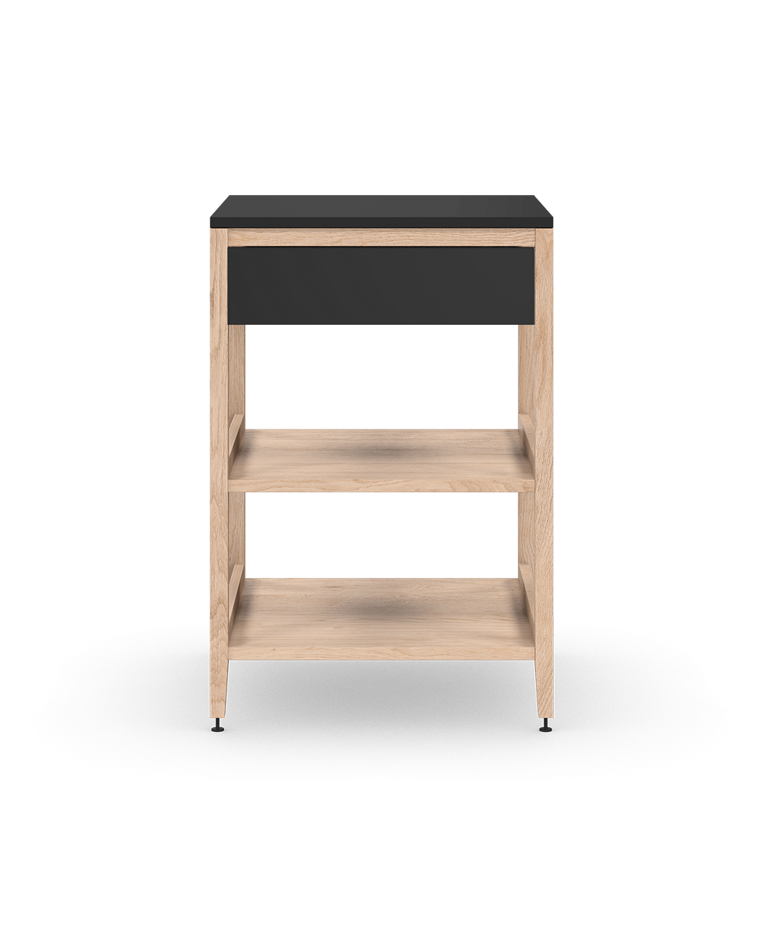 Armoire de cuisine modulaire en chêne naturel, avec un tiroir et deux tablettes en bois pleine largeur. Conçue pour le rangement ouvert, sur pattes en métal noir.