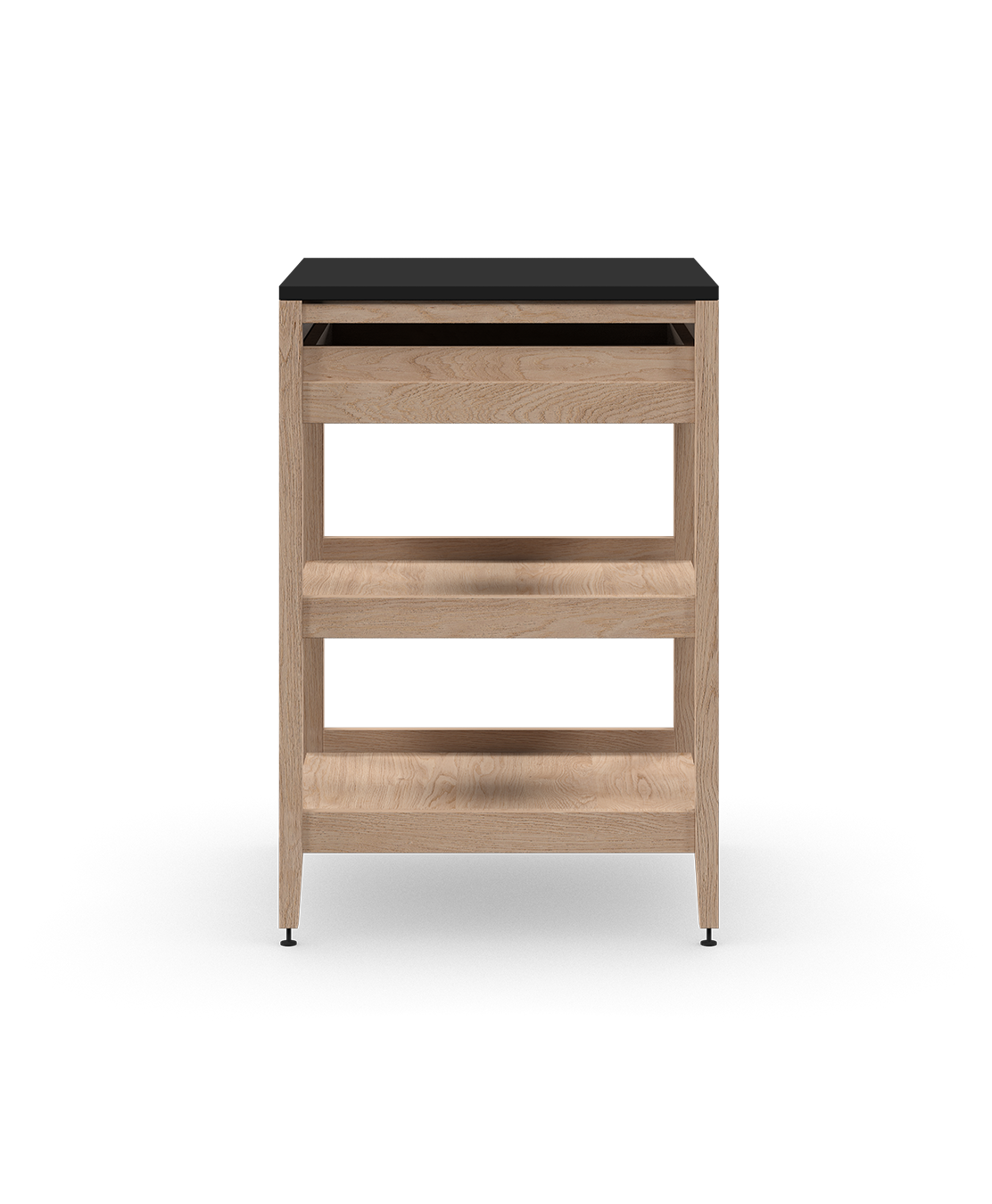 Armoire de cuisine modulaire en chêne naturel, avec un tiroir et deux tablettes en bois pleine largeur. Conçue pour le rangement ouvert, sur pattes en métal noir.