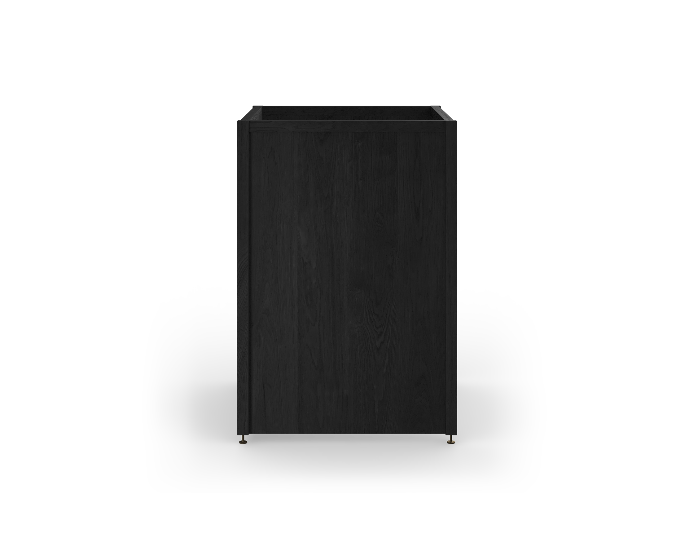 Une armoire en chêne teint noir avec des pattes en métal bronze, avec des côtés et d'un fond pleins, conçue pour encastrer un électroménager de 24 pouces.