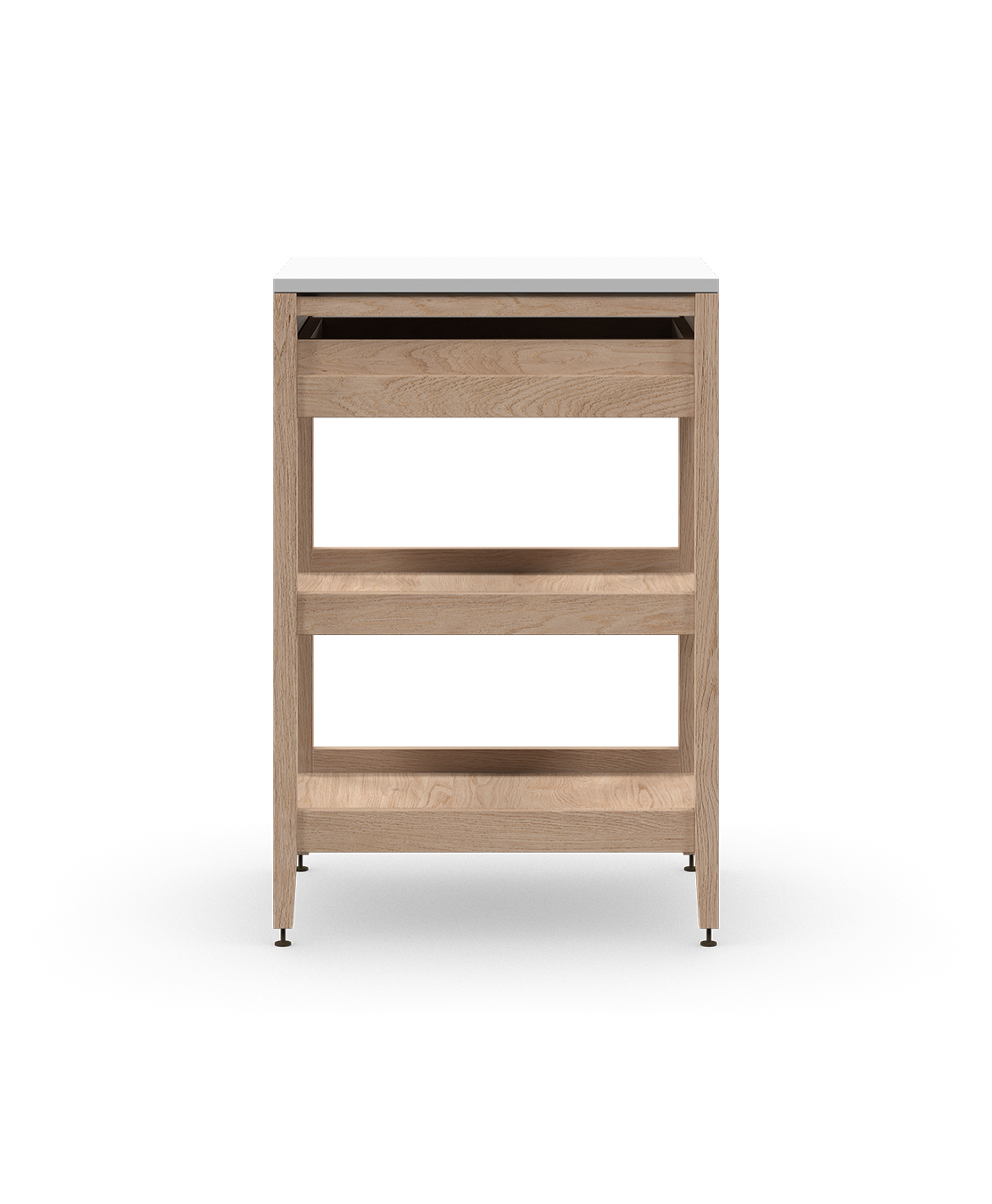 Armoire de cuisine modulaire en chêne naturel, avec un tiroir et deux tablettes en bois pleine largeur. Conçue pour le rangement ouvert, sur pattes en métal bronze.