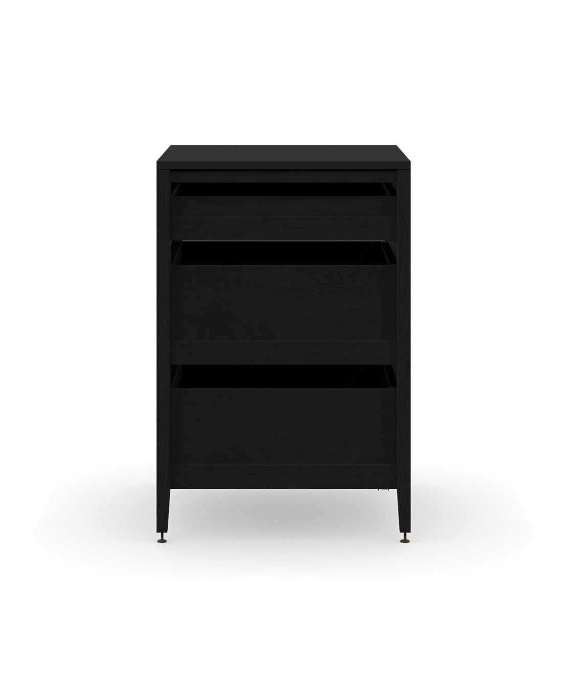 Cabinet de cuisine autoportant en chêne teint noir, avec trois tiroirs en bois et des pieds en métal bronze.
