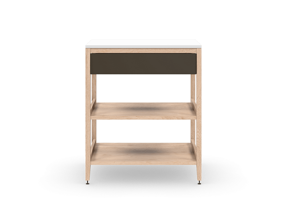 Armoire de cuisine modulaire en chêne naturel, avec un tiroir et deux tablettes en bois pleine largeur. Conçue pour le rangement ouvert, sur pattes en métal bronze.