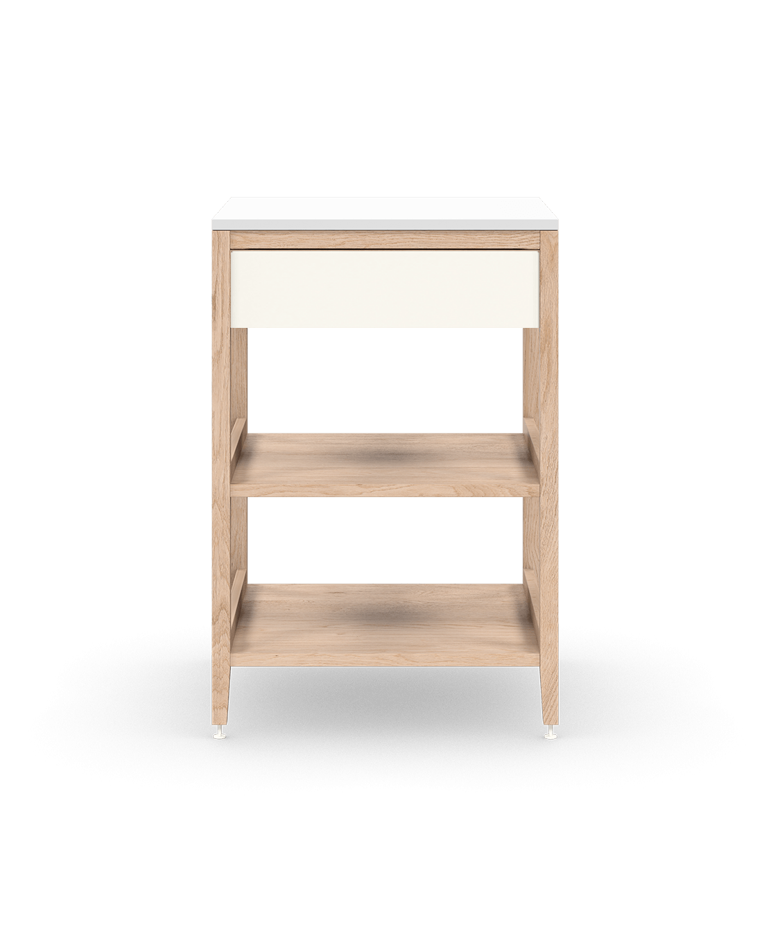 Armoire de cuisine modulaire en chêne naturel, avec un tiroir et deux tablettes en bois pleine largeur. Conçue pour le rangement ouvert, sur pattes en métal blanc.