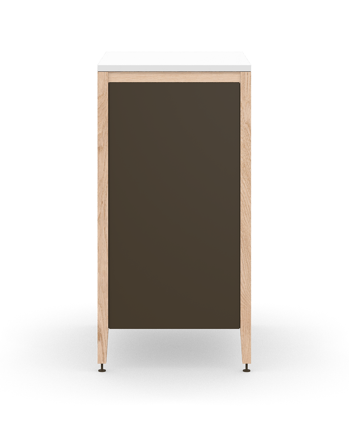 Cabinet poubelle autoportant à deux tiroirs, fait en chêne naturel et pattes en métal bronze, avec des bacs de déchets intégrés dans le premier tiroir.