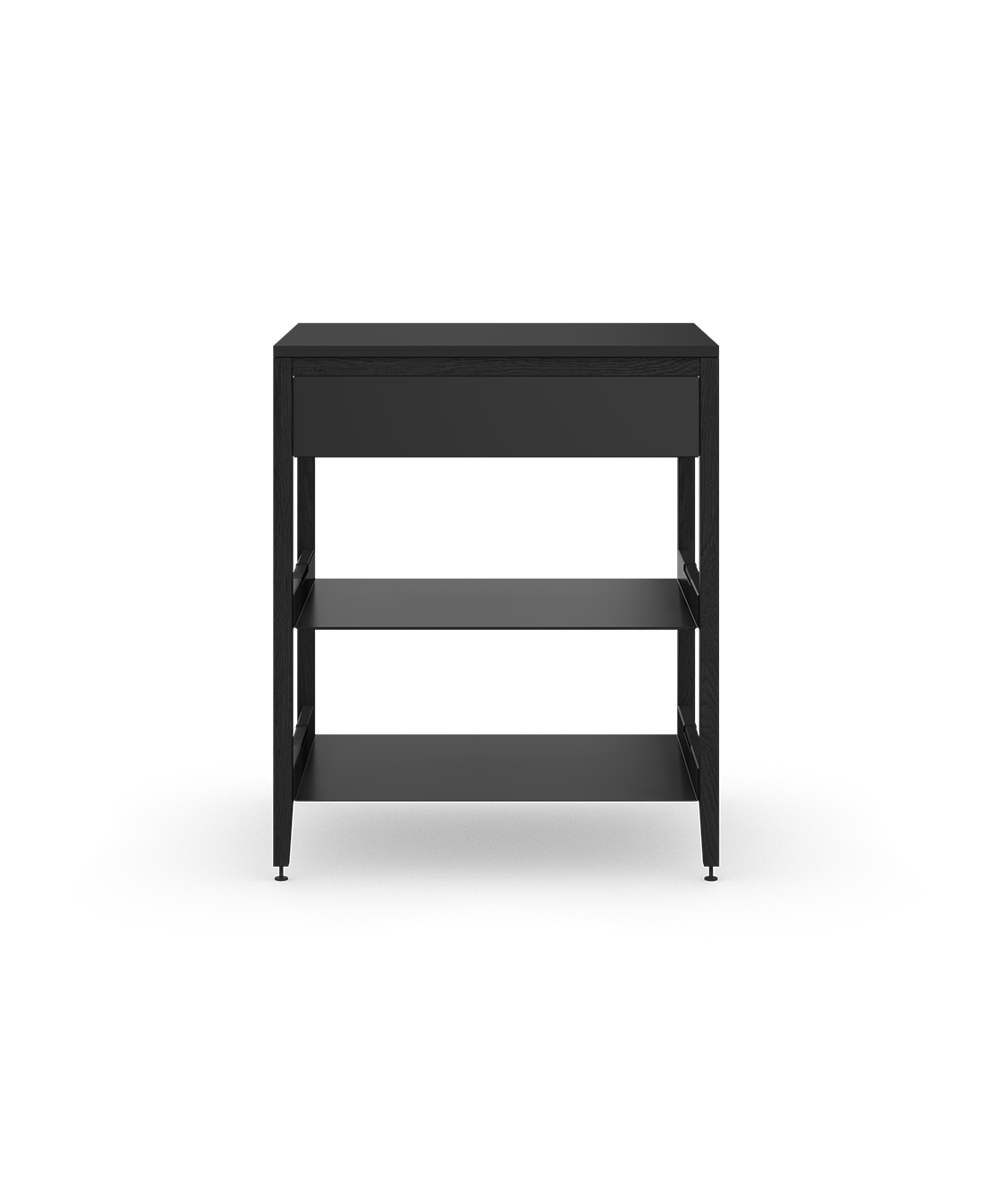 Cabinet de cuisine autoportant en chêne teint noir, avec tiroir et tablettes en métal noir, sur pieds en métal noir.