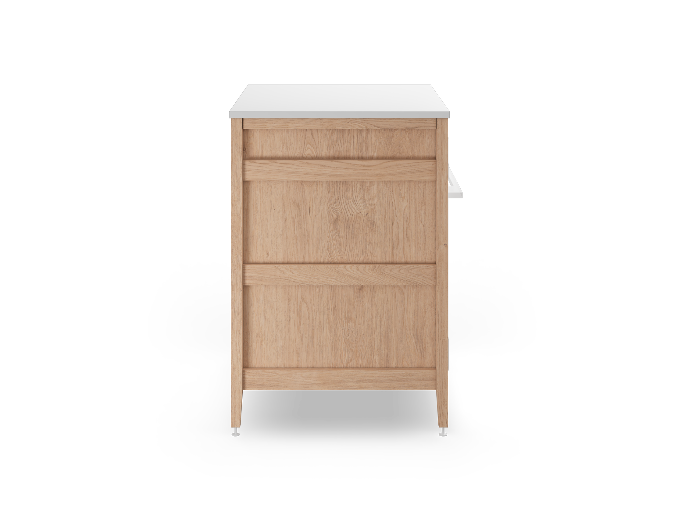 Cabinet de cuisine modulaire en chêne naturel, avec un espace pour four encastrable et des pattes en métal blanc.