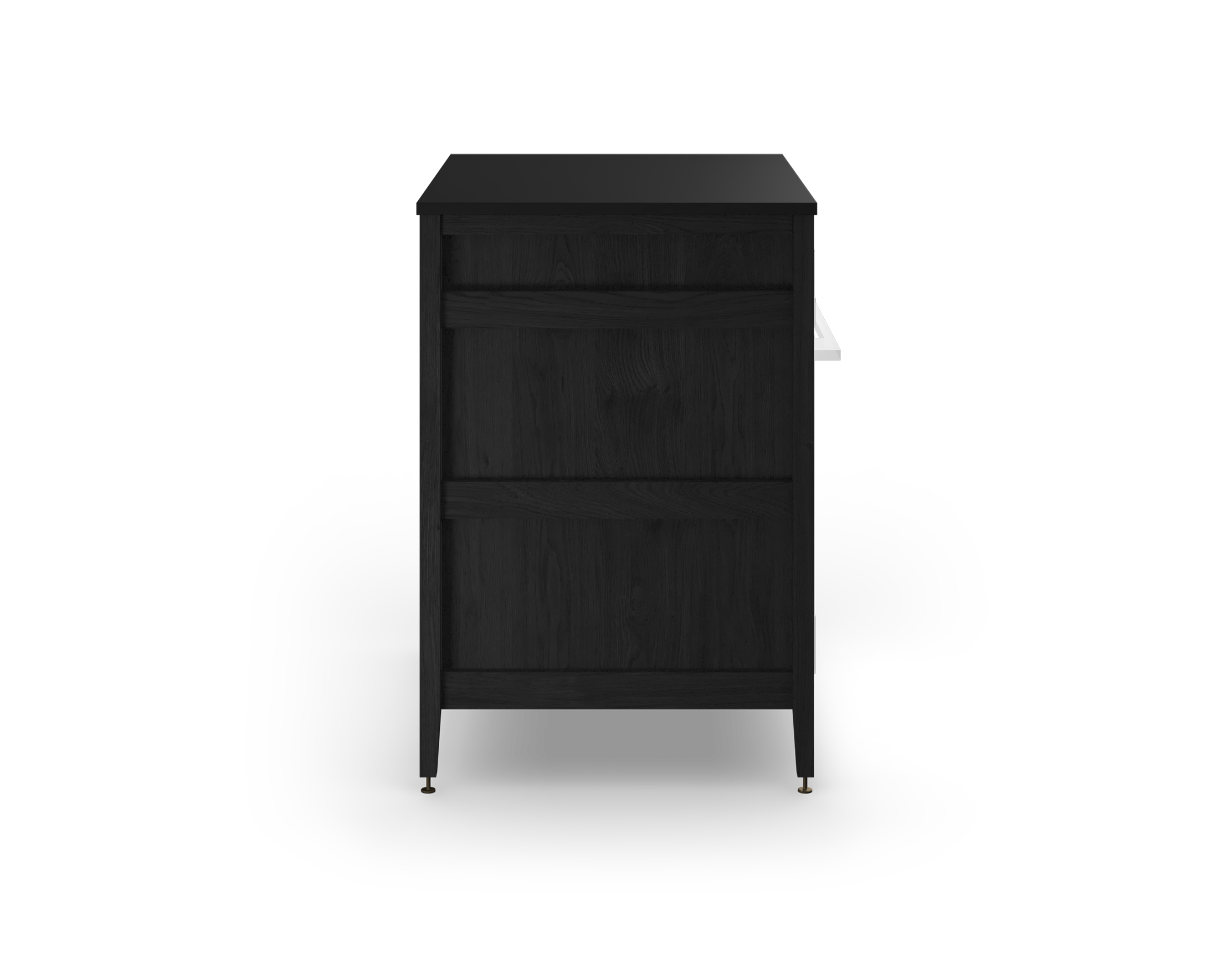 Cabinet de cuisine modulaire en chêne teint noir, avec un espace pour four encastrable et des pattes en métal bronze.