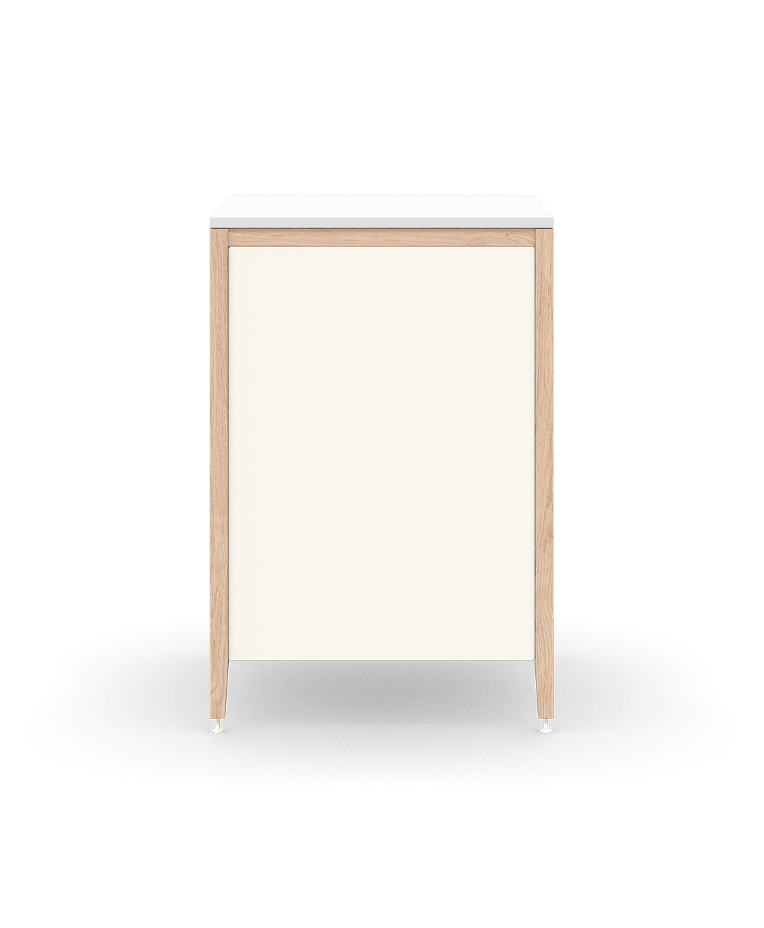 Cabinet de cuisine autoportant en chêne naturel, avec trois tiroirs en bois et des pieds en métal blanc.