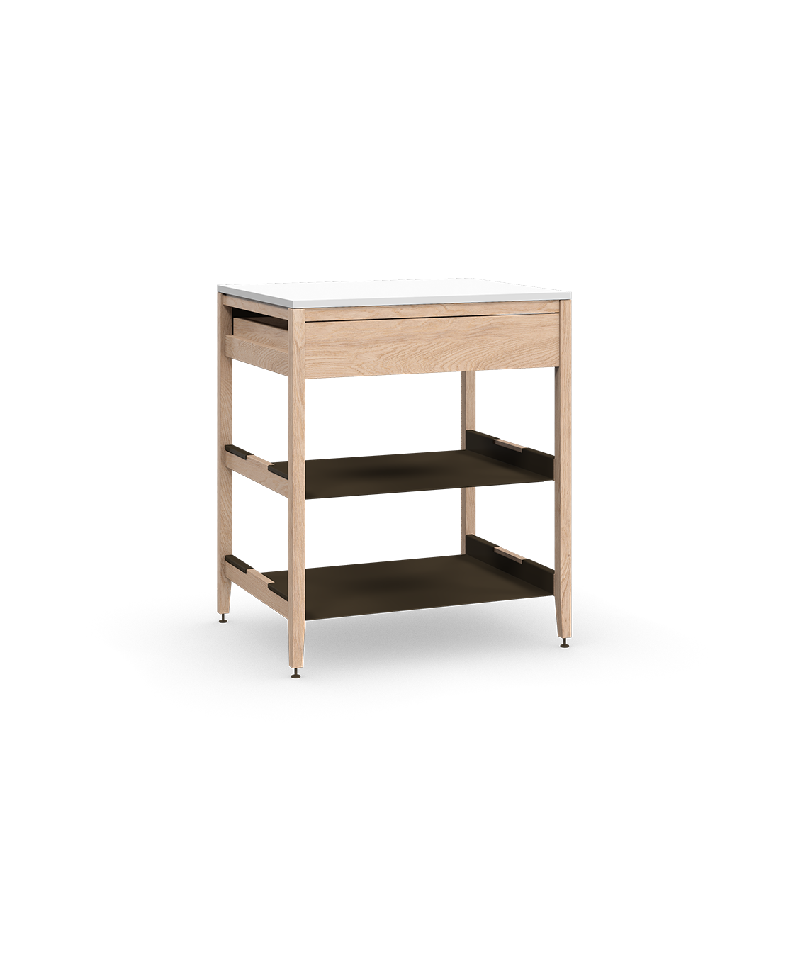 Cabinet de cuisine autoportant en chêne naturel, avec tiroir et tablettes en métal bronze, sur pieds en métal bronze.