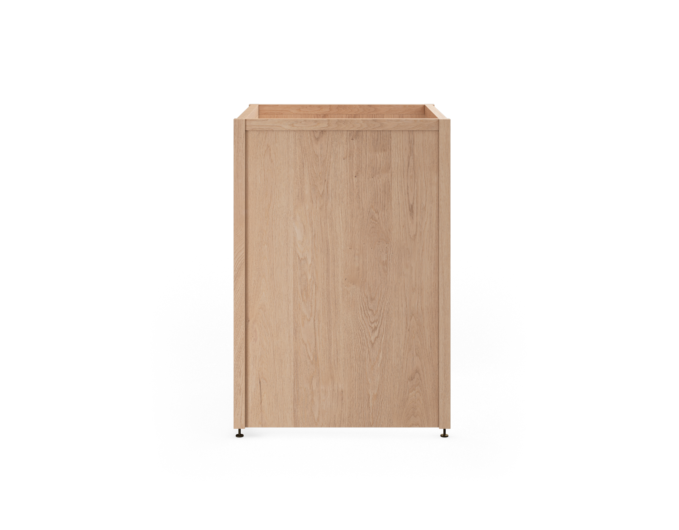 Une armoire en chêne naturel avec des pattes en métal bronze, avec des côtés et d'un fond pleins, conçue pour encastrer un électroménager de 24 pouces.