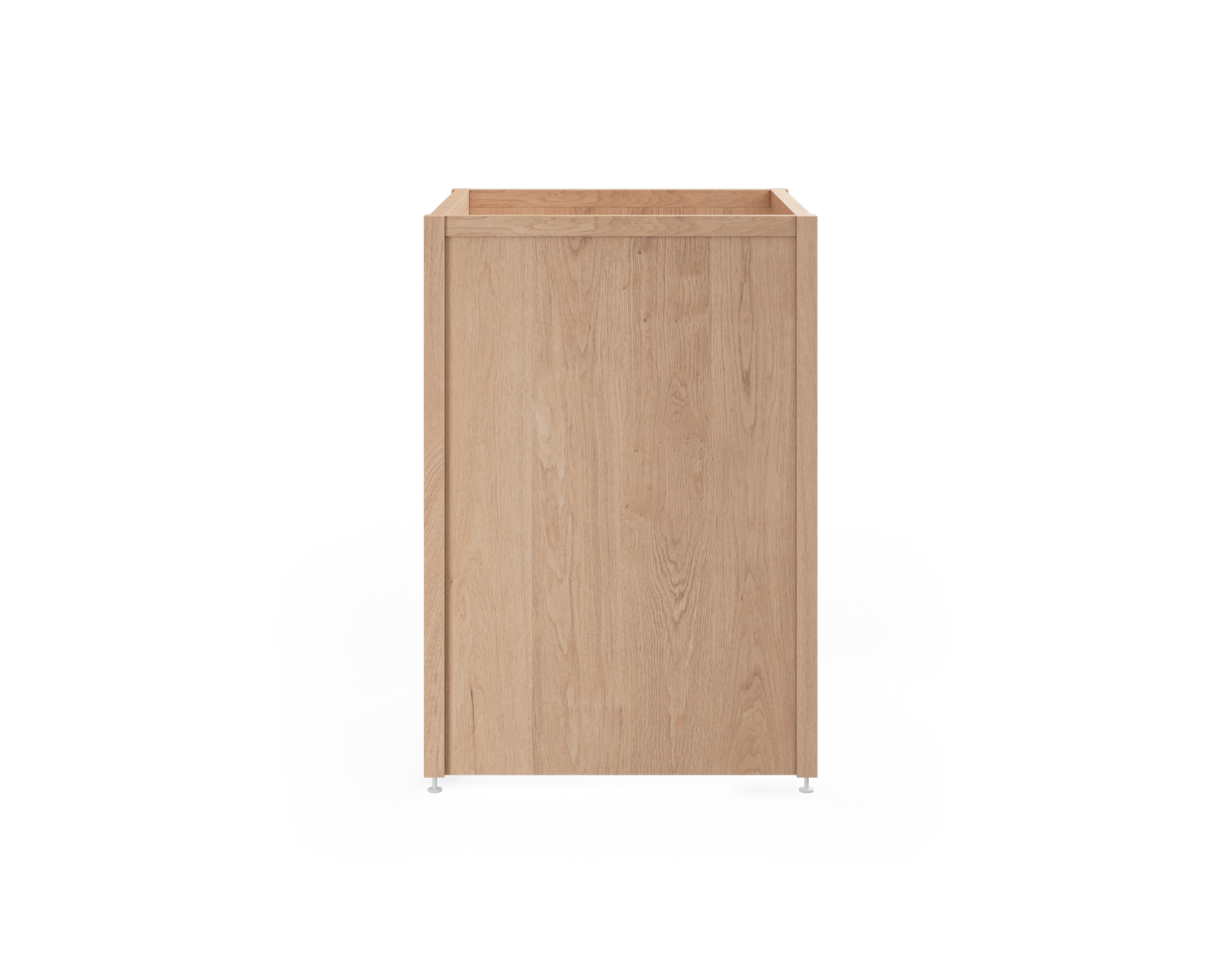 Une armoire en chêne naturel avec des pattes en métal blanc, avec des côtés et d'un fond pleins, conçue pour encastrer un électroménager de 24 pouces.
