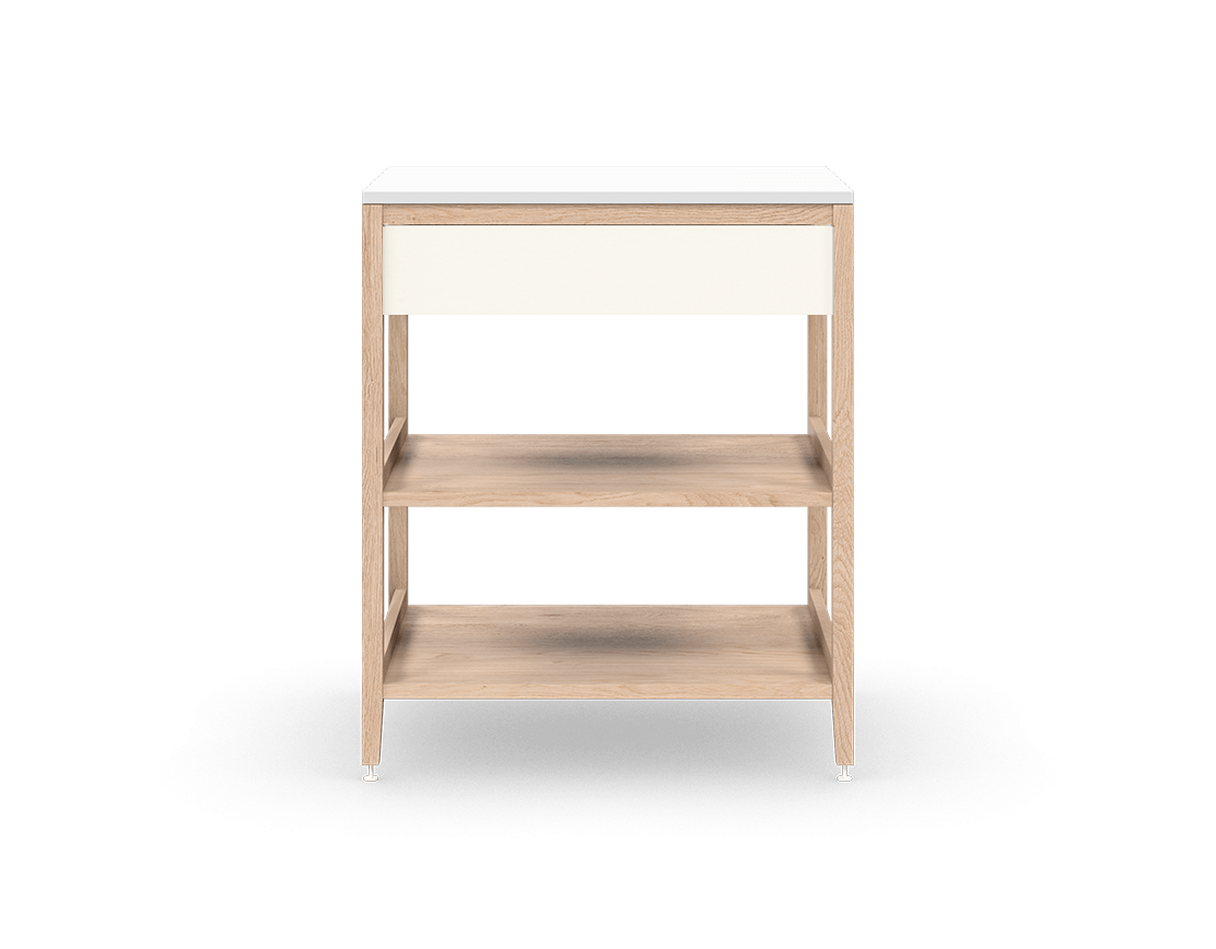 Armoire de cuisine modulaire en chêne naturel, avec un tiroir et deux tablettes en bois pleine largeur. Conçue pour le rangement ouvert, sur pattes en métal blanc.