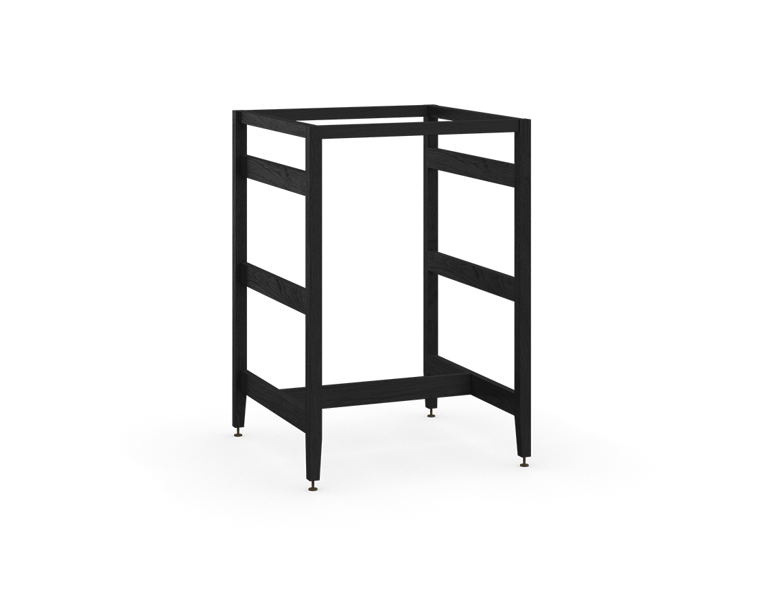 Kit extension îlot radix en chêne teint noir, avec panneaux latéraux ouverts, traverse en bois massif et pattes en métal ajustables. Conçu pour des places assises face à face.