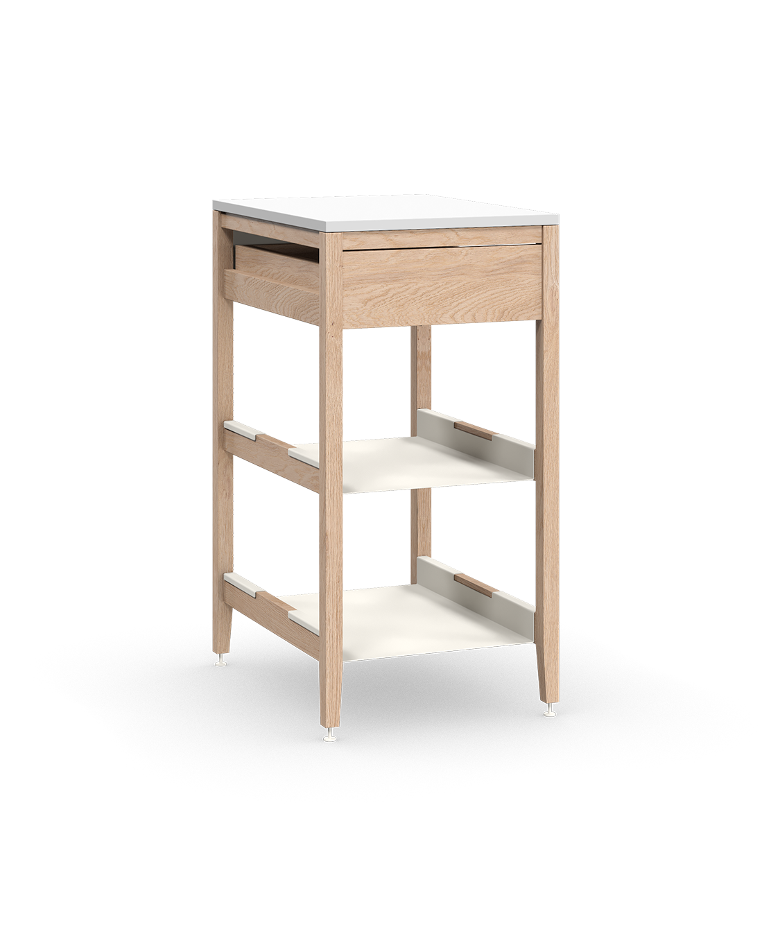 Cabinet de cuisine autoportant en chêne naturel, avec tiroir et tablettes en métal blanc, sur pieds en métal blanc.