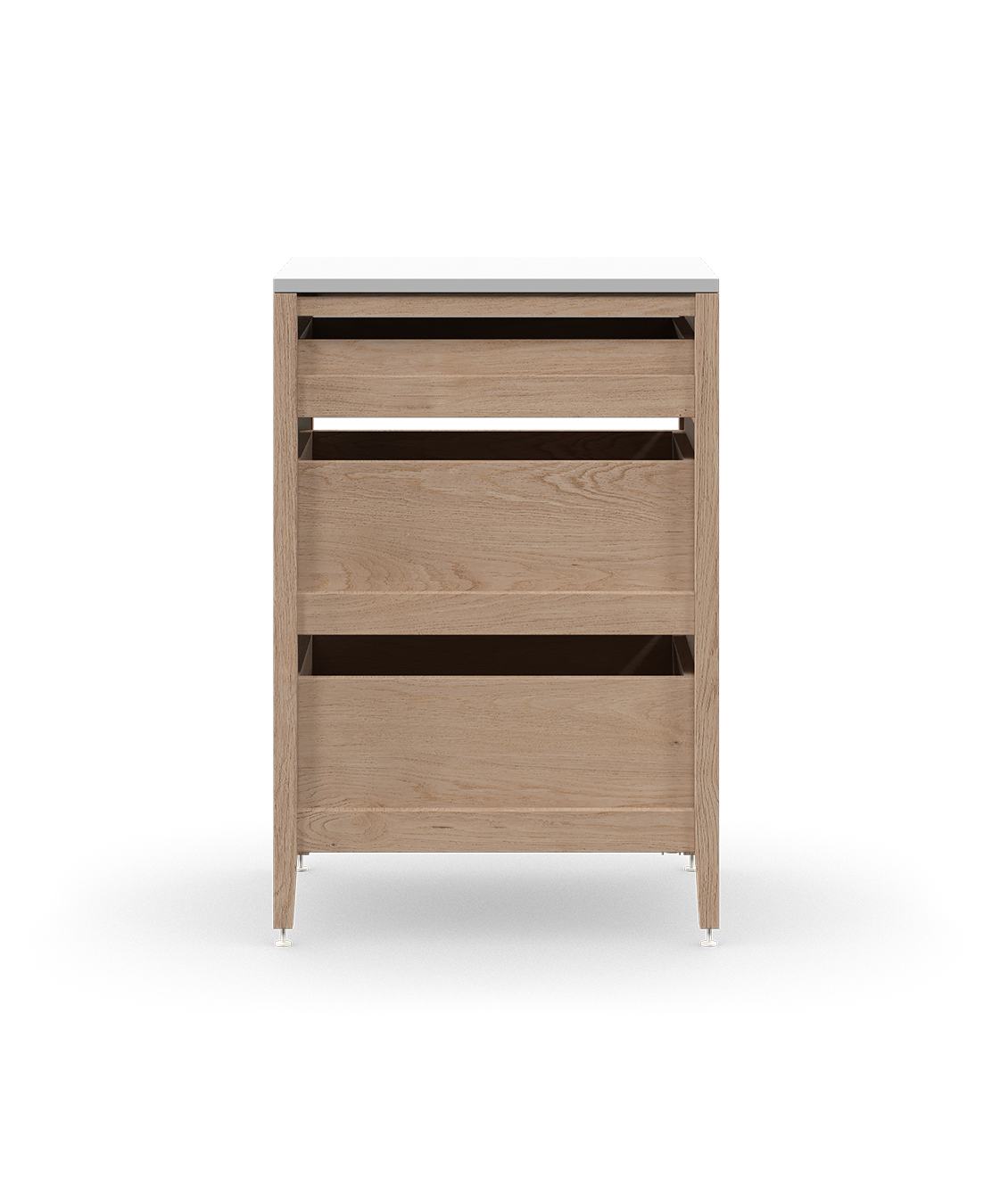 Cabinet de cuisine autoportant en chêne naturel, avec trois tiroirs en bois et des pieds en métal blanc.