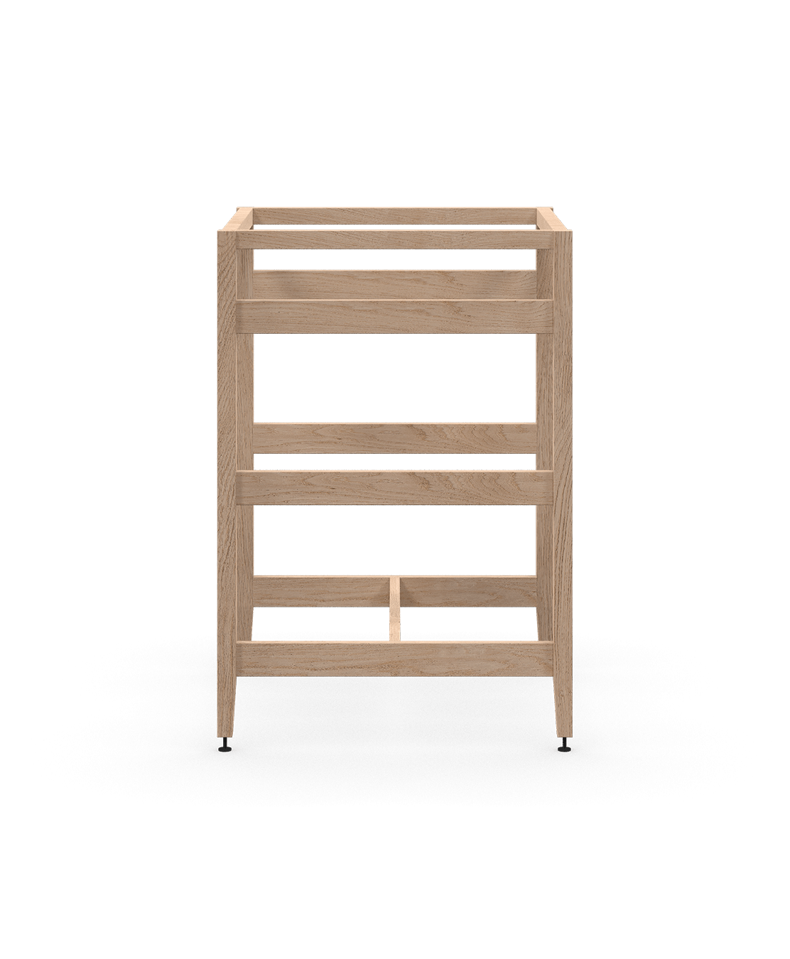 Kit extension îlot radix en chêne naturel, avec panneaux latéraux ouverts, traverse en bois massif et pattes en métal ajustables. Conçu pour des places assises face à face.