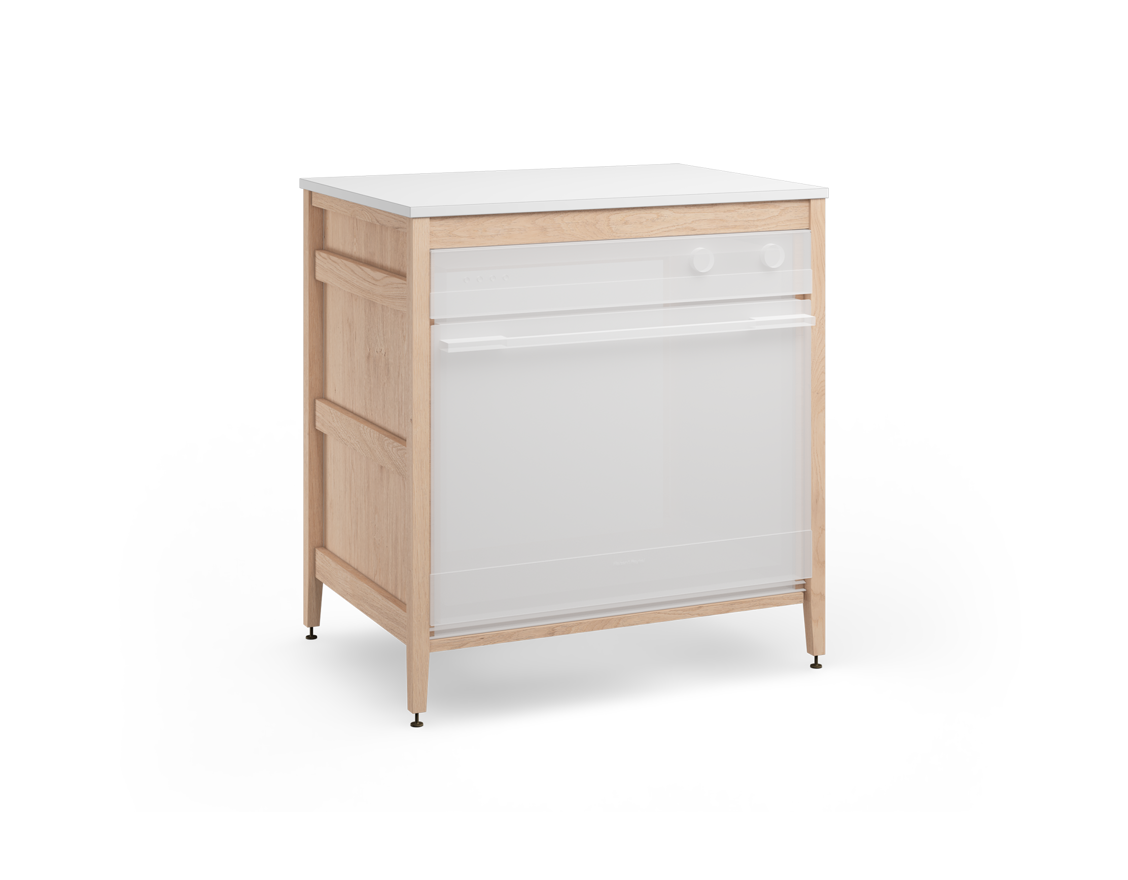 Cabinet de cuisine modulaire en chêne naturel, avec un espace pour four encastrable et des pattes en métal bronze.