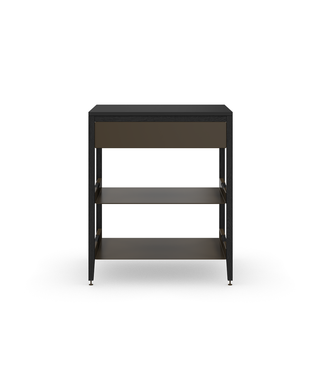 Cabinet de cuisine autoportant en chêne teint noir, avec tiroir et tablettes en métal bronze, sur pieds en métal bronze.