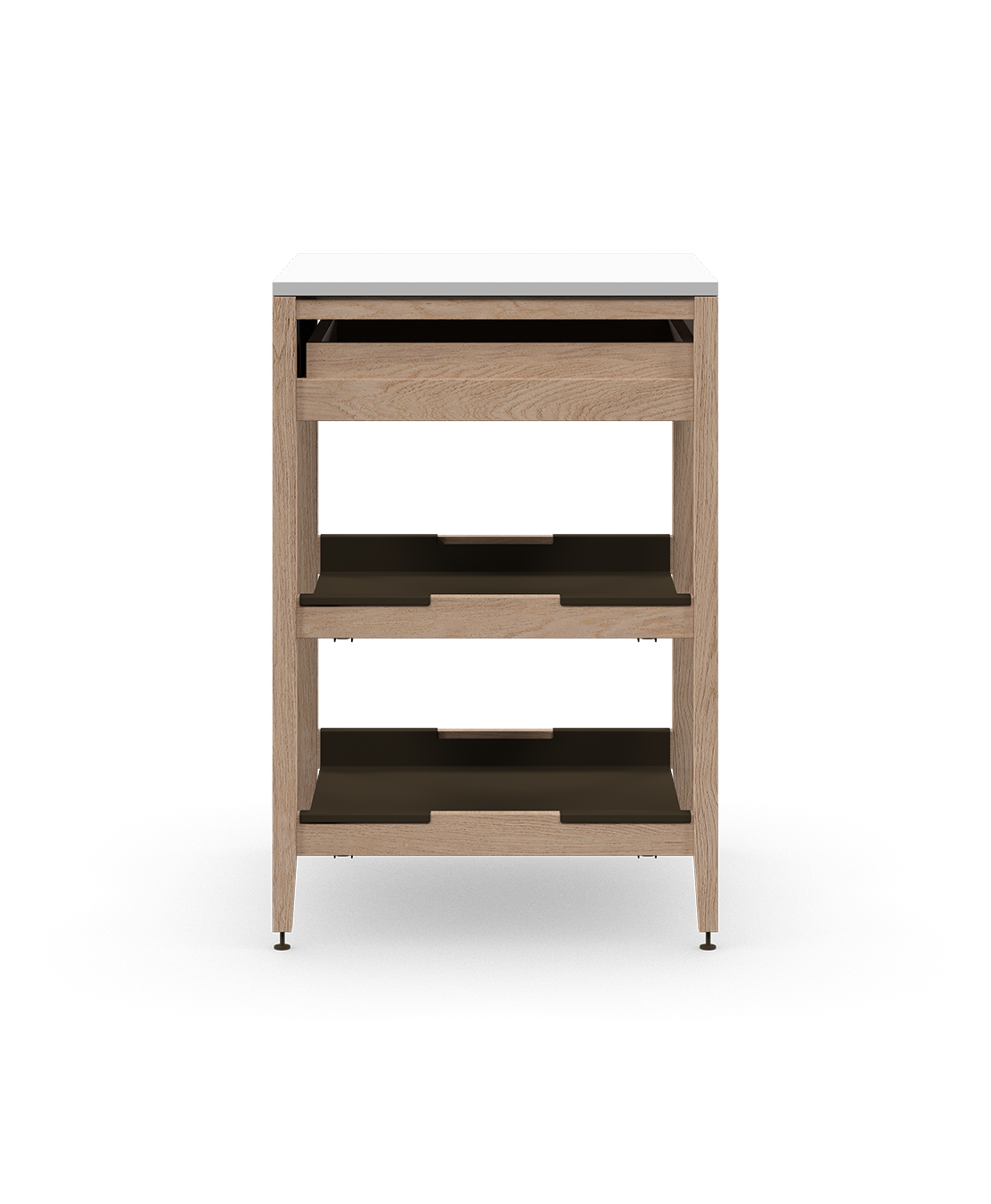 Cabinet de cuisine autoportant en chêne naturel, avec tiroir et tablettes en métal bronze, sur pieds en métal bronze.