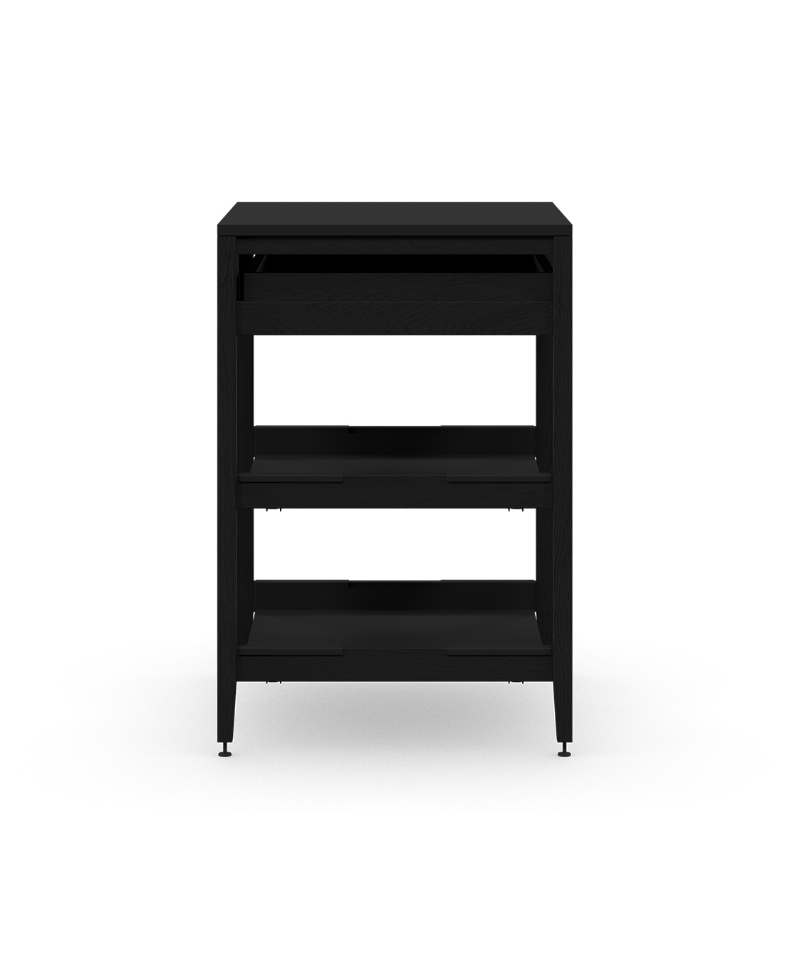 Cabinet de cuisine autoportant en chêne teint noir, avec tiroir et tablettes en métal noir, sur pieds en métal noir.
