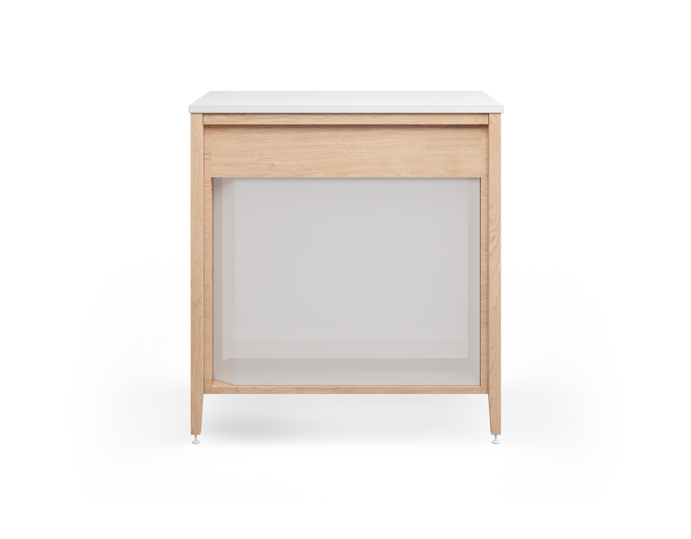 Cabinet de cuisine modulaire en chêne naturel, avec un espace pour four encastrable et des pattes en métal blanc.