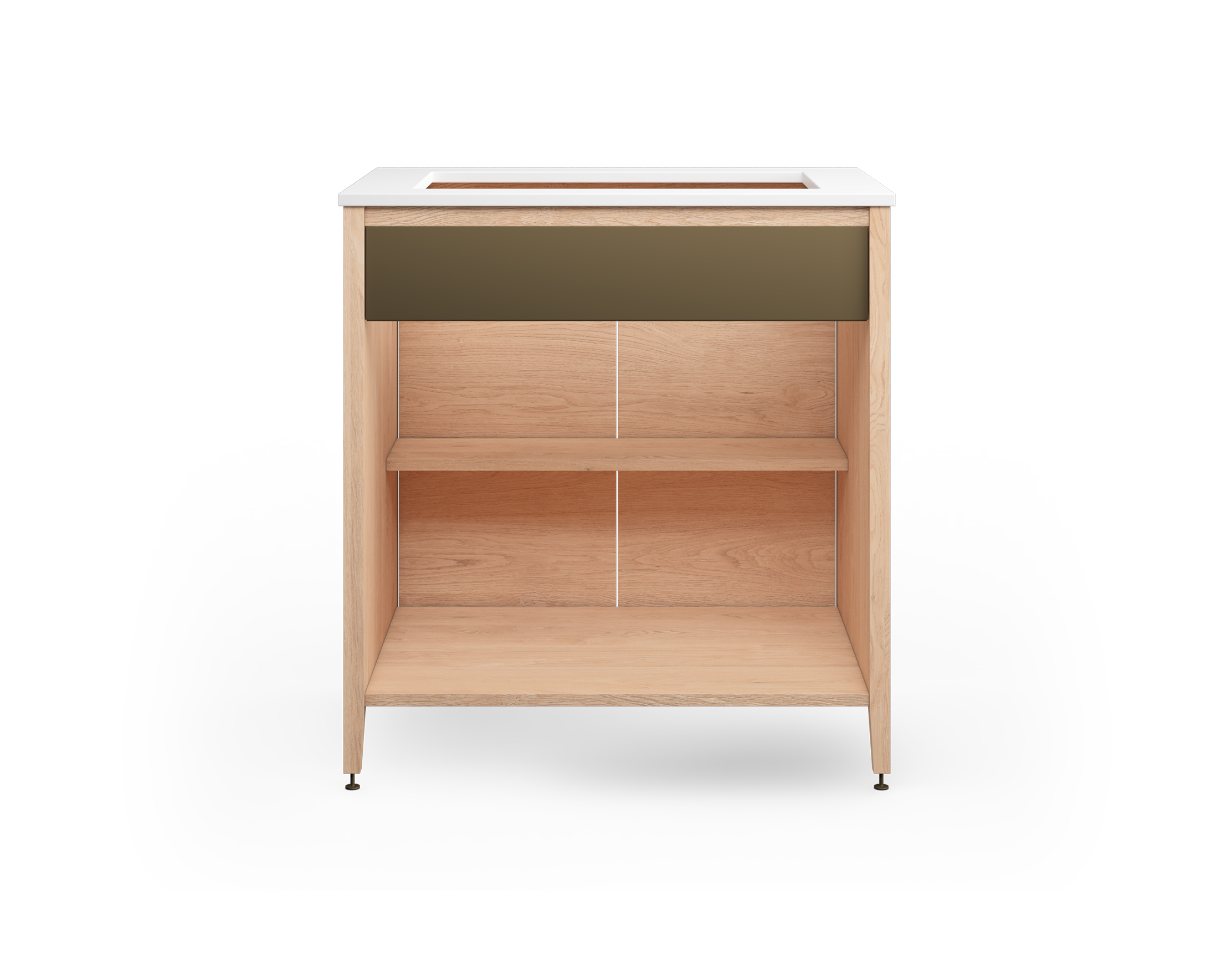 Cabinet de cuisine modulaire en chêne naturel, avec une façade fixe, deux portes et une demi tablette + tablette complètes. Conçu pour un évier sous comptoir avec des pattes en métal bronze.