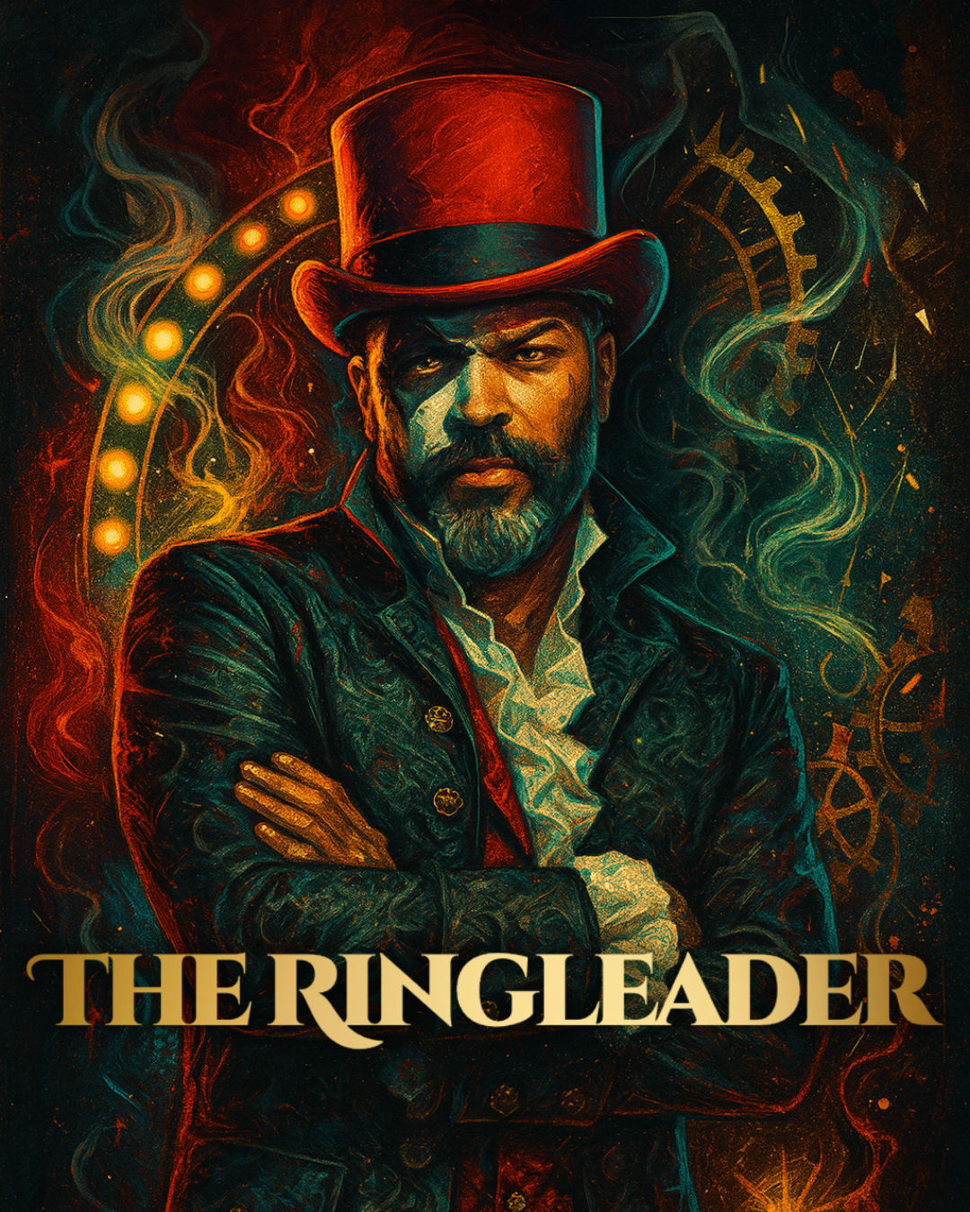 En man med svart och grått hår och skägg, klädd i vit skjorta och svart kavaj med röda handskar som omges av tre andra par röda handskar.