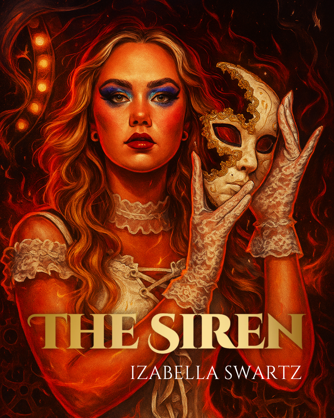 En kvinna i vit klänning och nätstrumpor håller en mask med ett tomt ansikte mot en svart bakgrund.