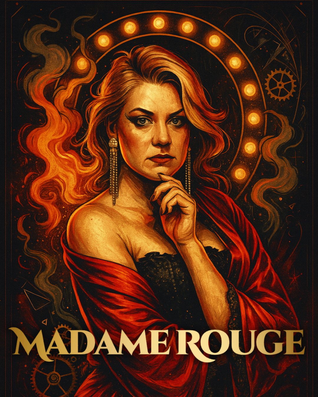 En kvinna med blont, lockigt hår och smink, klädd i en elegant svart och rödfärgad klänning med långa, svarta, spetsiga ärmar, poserar inför en svart bakgrund.