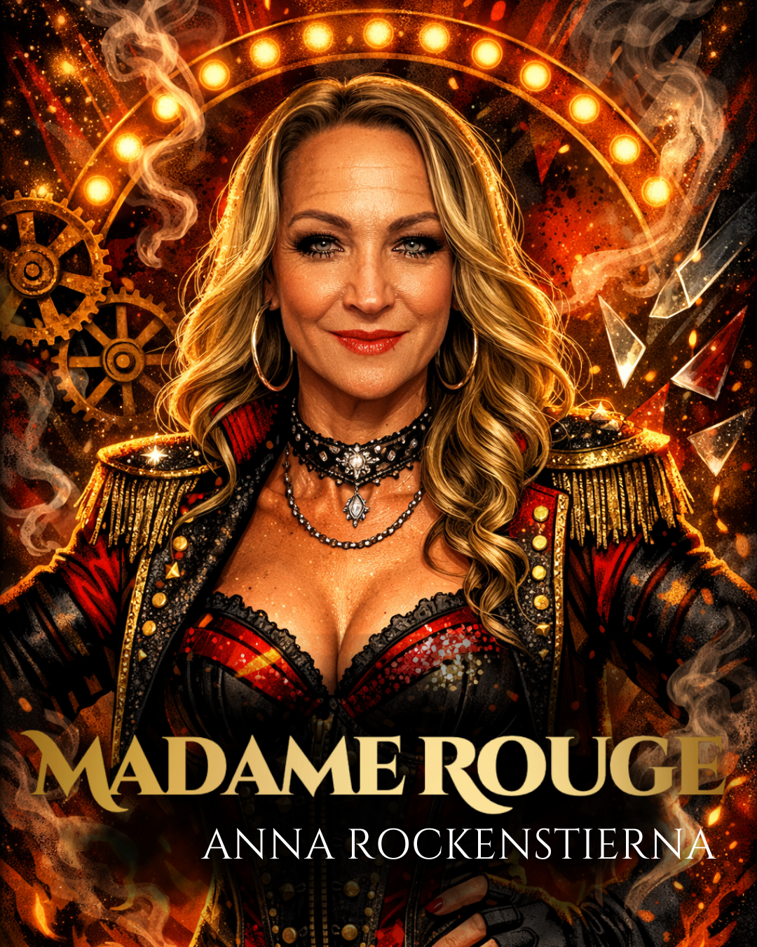 En kvinna med blont, lockigt hår och smink, klädd i en elegant svart och rödfärgad klänning med långa, svarta, spetsiga ärmar, poserar inför en svart bakgrund.