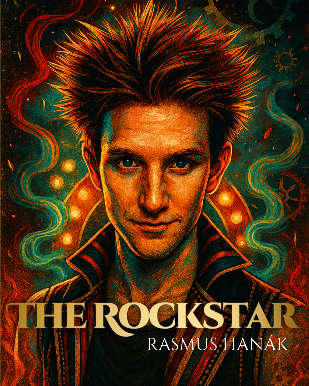 En ung man med brunt, stökigt hår och mustasch, bär en svart skinnjacka och står framför en svart bakgrund.