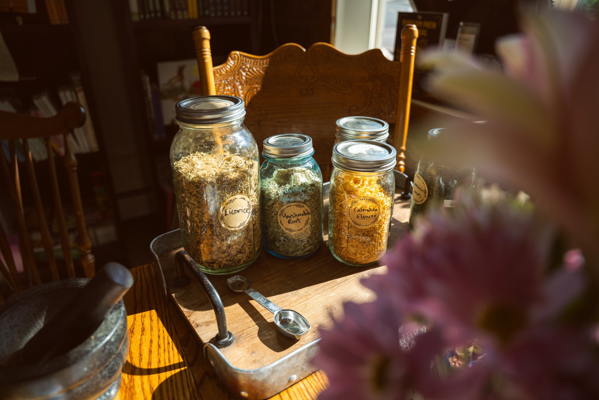 A curated selection of organic botanical remedies on the shelves at Honorable Harvest.