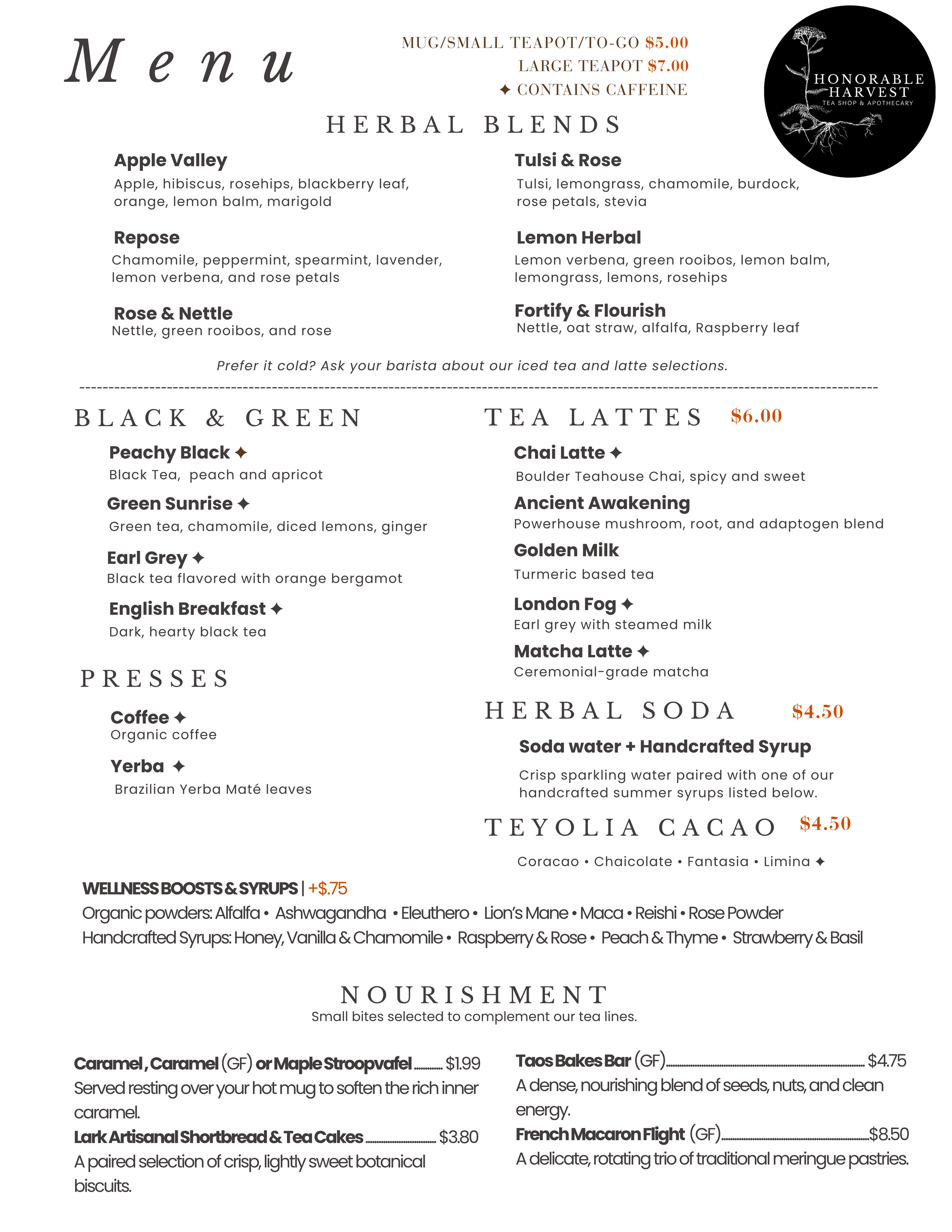 A tea shop menu offering herbal blends, black and green teas, tea lattes, herbal sodas, and nourishment options, with prices in dollars.