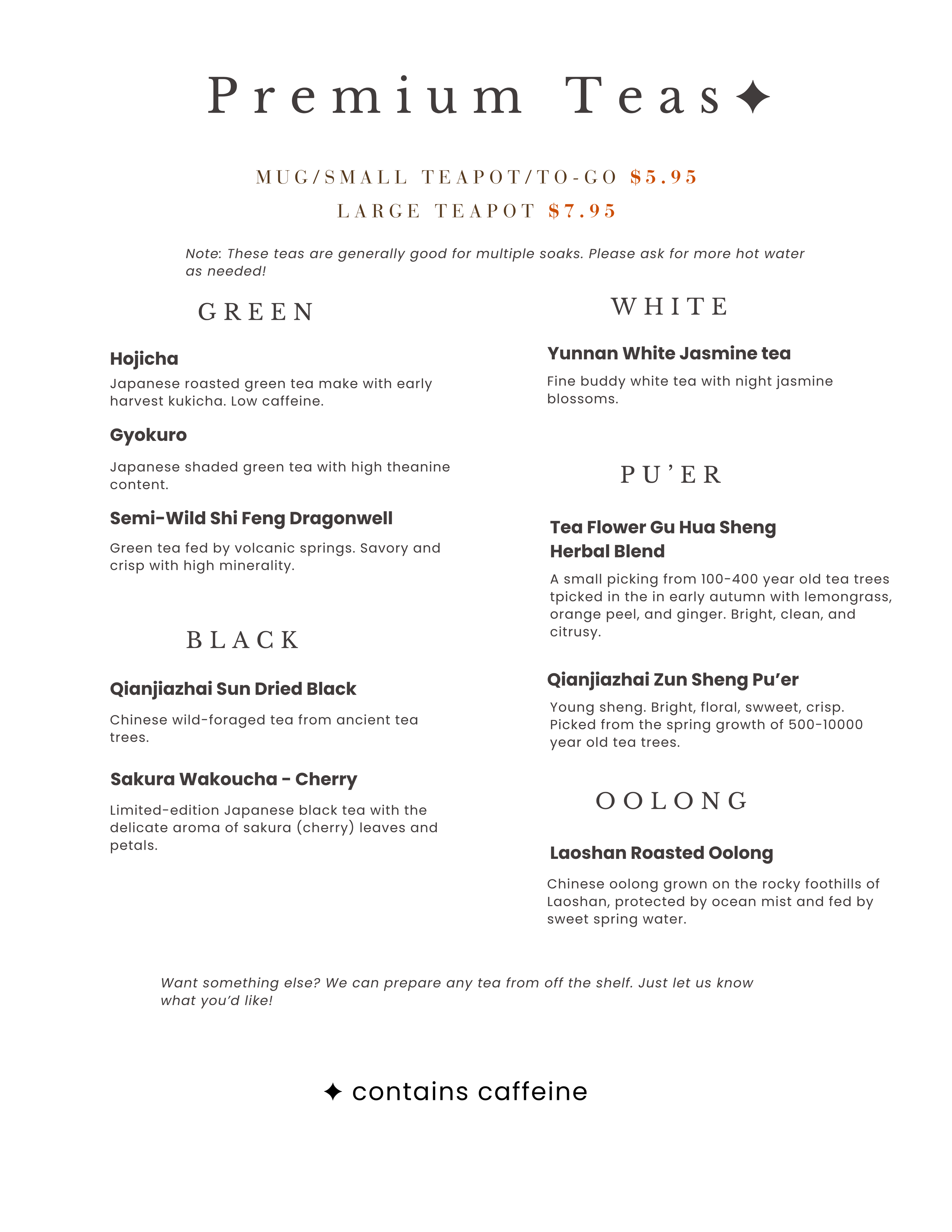 Tea menu with sections for green, black, white, oolong, and herbal teas, including descriptions and prices.