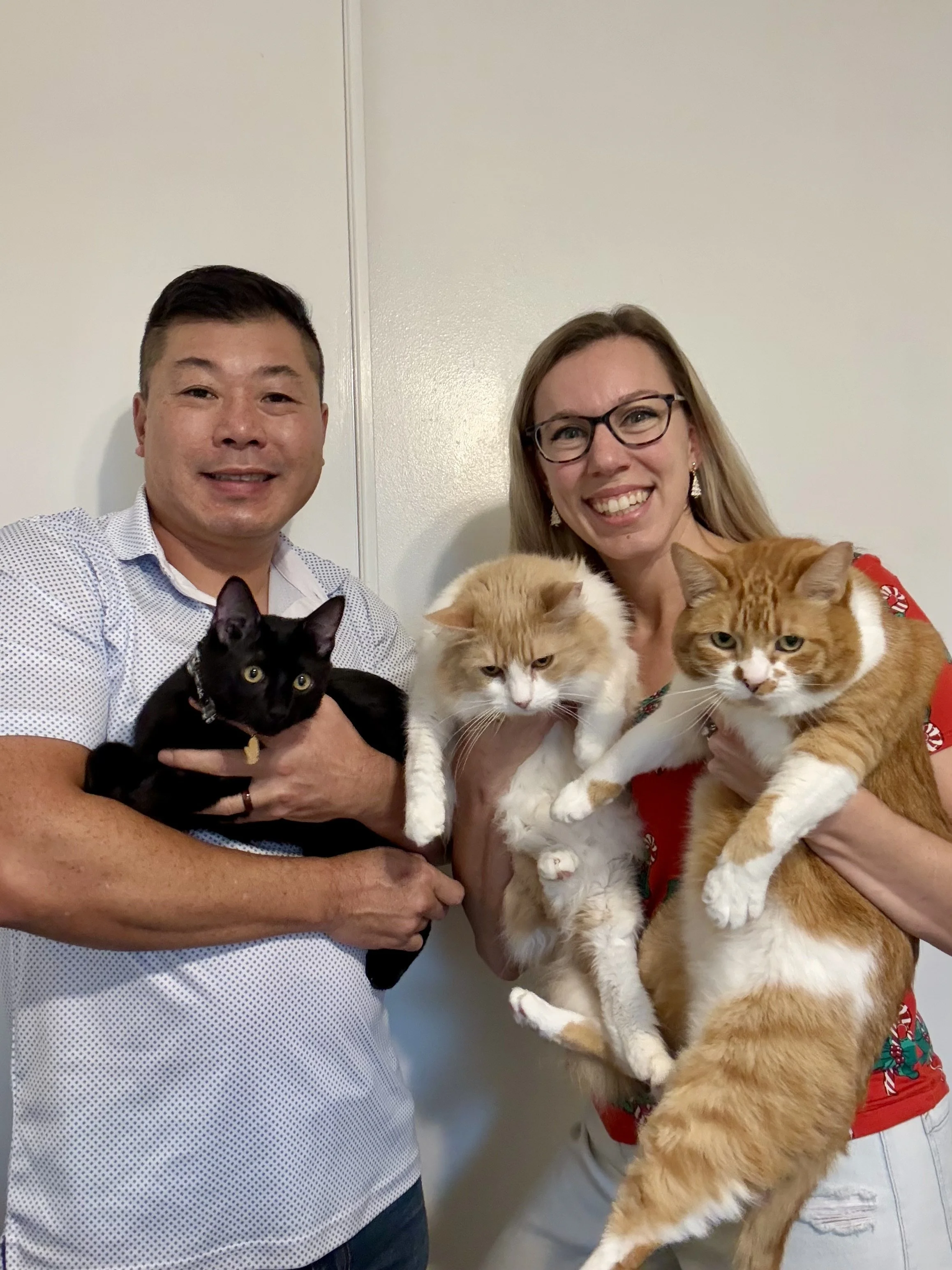 The full Porsche pit crew — Lucy, Daphne, and Diesel — with their favorite humans Steve and Tara. ❤️🐾 - Tara S