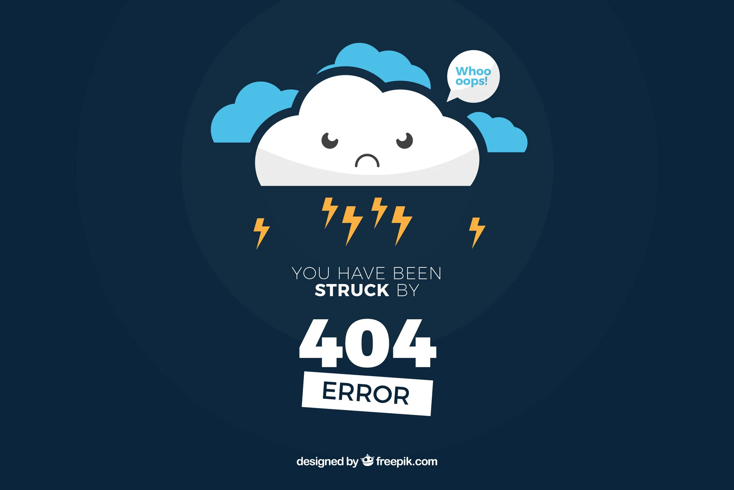 Cartoon image of storm on black background stating 404 error