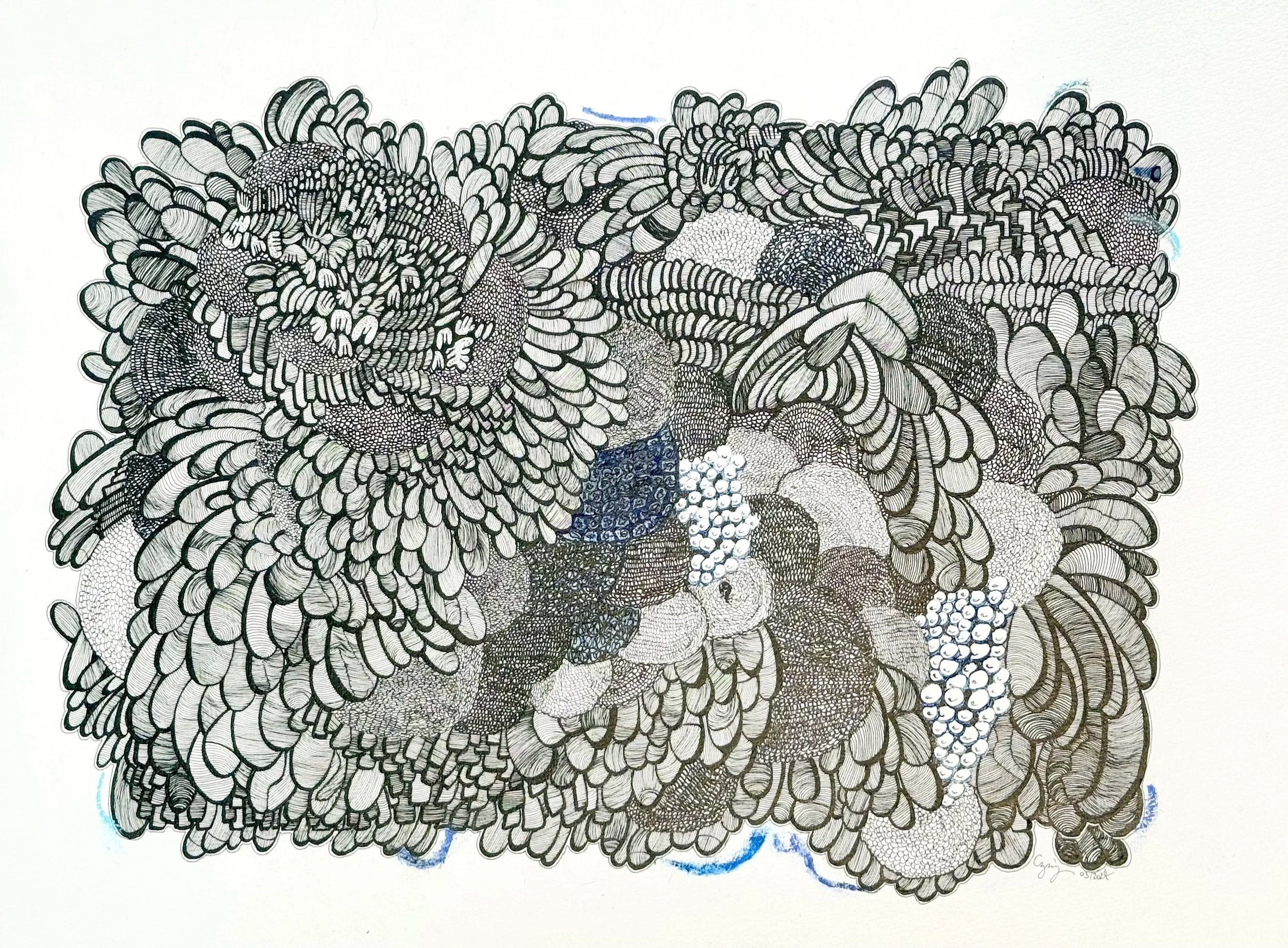 Blue Mood 2, 2023, Œuvre Originale, Encre sur velin d'Arches 300g, 48x36 